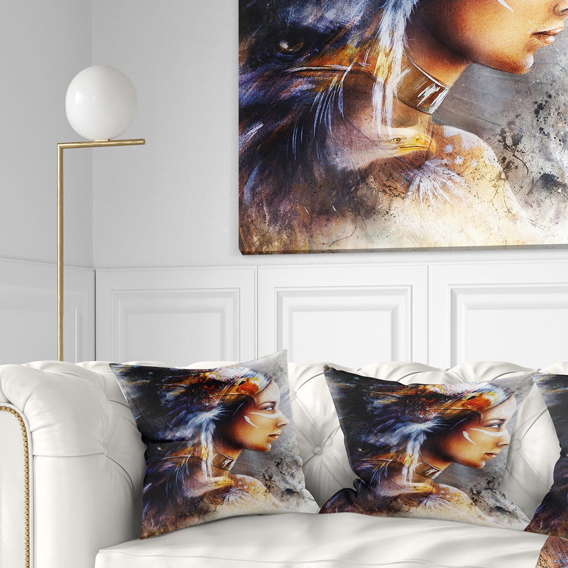 Designart Woman with White Horse Eagles - Indian Throw Pillow - 18x18
