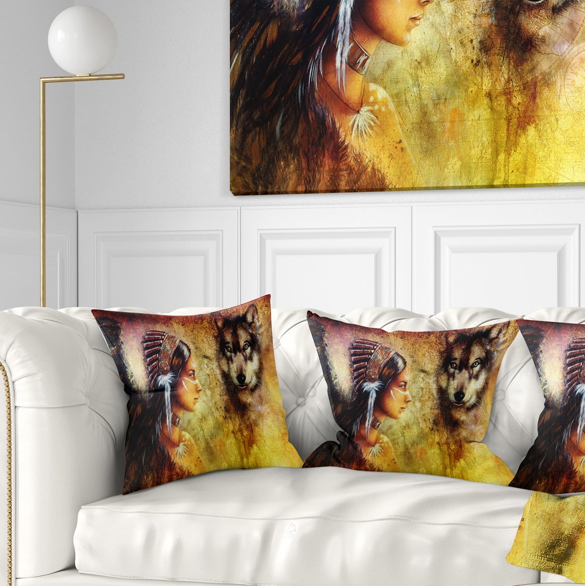 Designart Woman with Wolf - Portrait Throw Pillow - 18x18