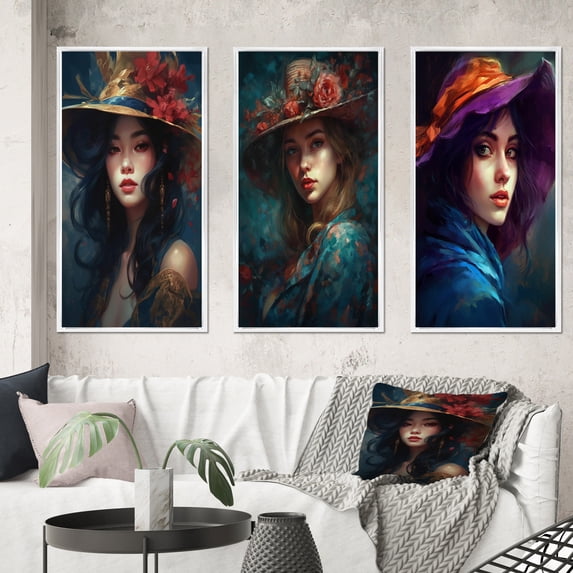 Designart "Woman with a Vintage Hat III" Fashion Woman Framed Wall Art Set Of 3 - Purple Fashion Woman Frame Gallery Wall Set For Home Decor
