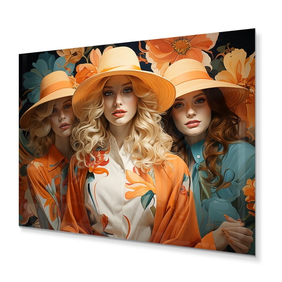 Designart "Women in Orange Fashion Hats I" Fashion Woman Metal Wall Art