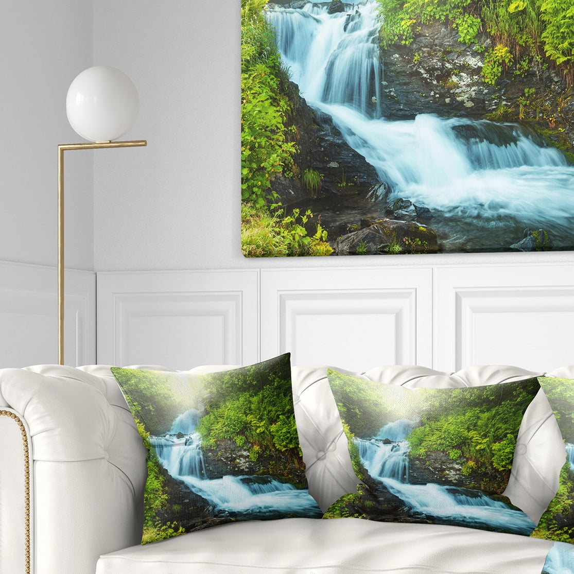 Designart Wonderful Creek in Green Forest - Landscape Printed Throw Pillow - 18x18