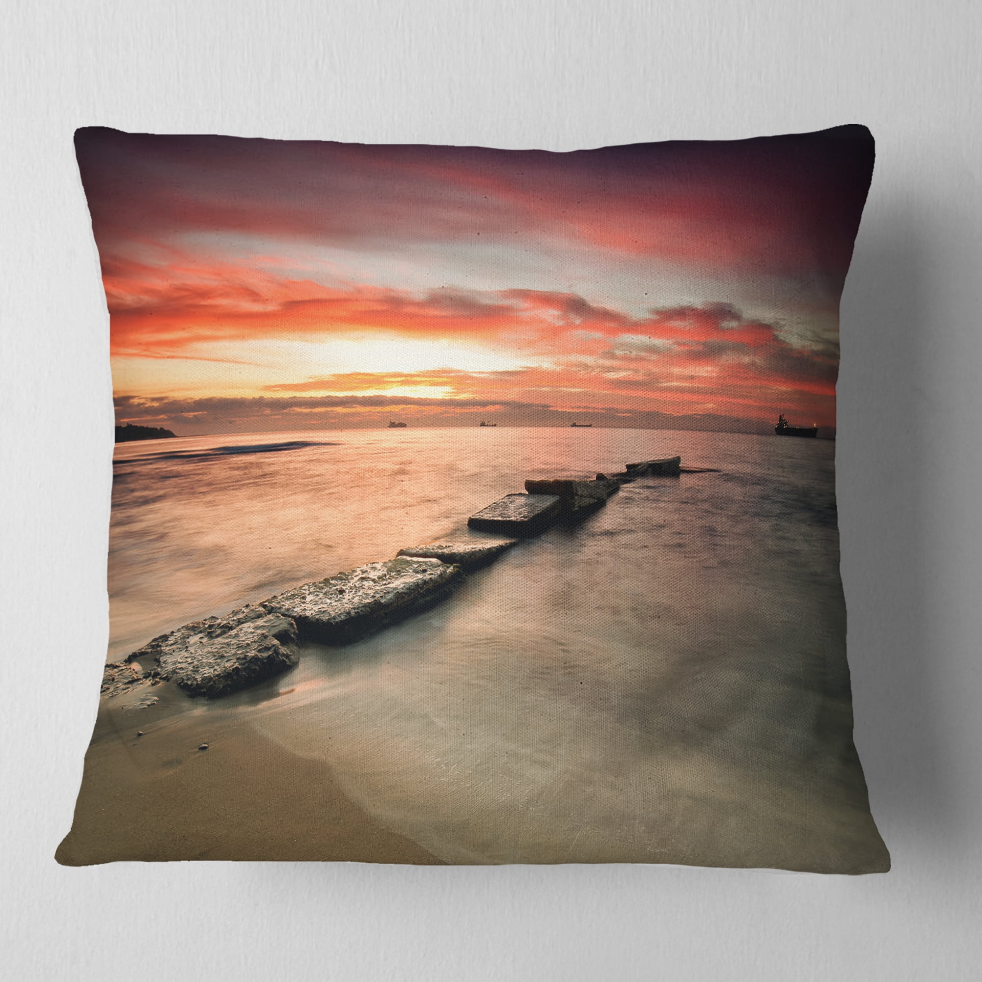 Designart Wonderful Sunrise on Black Ocean - Beach Photo Throw Pillow - 16x16