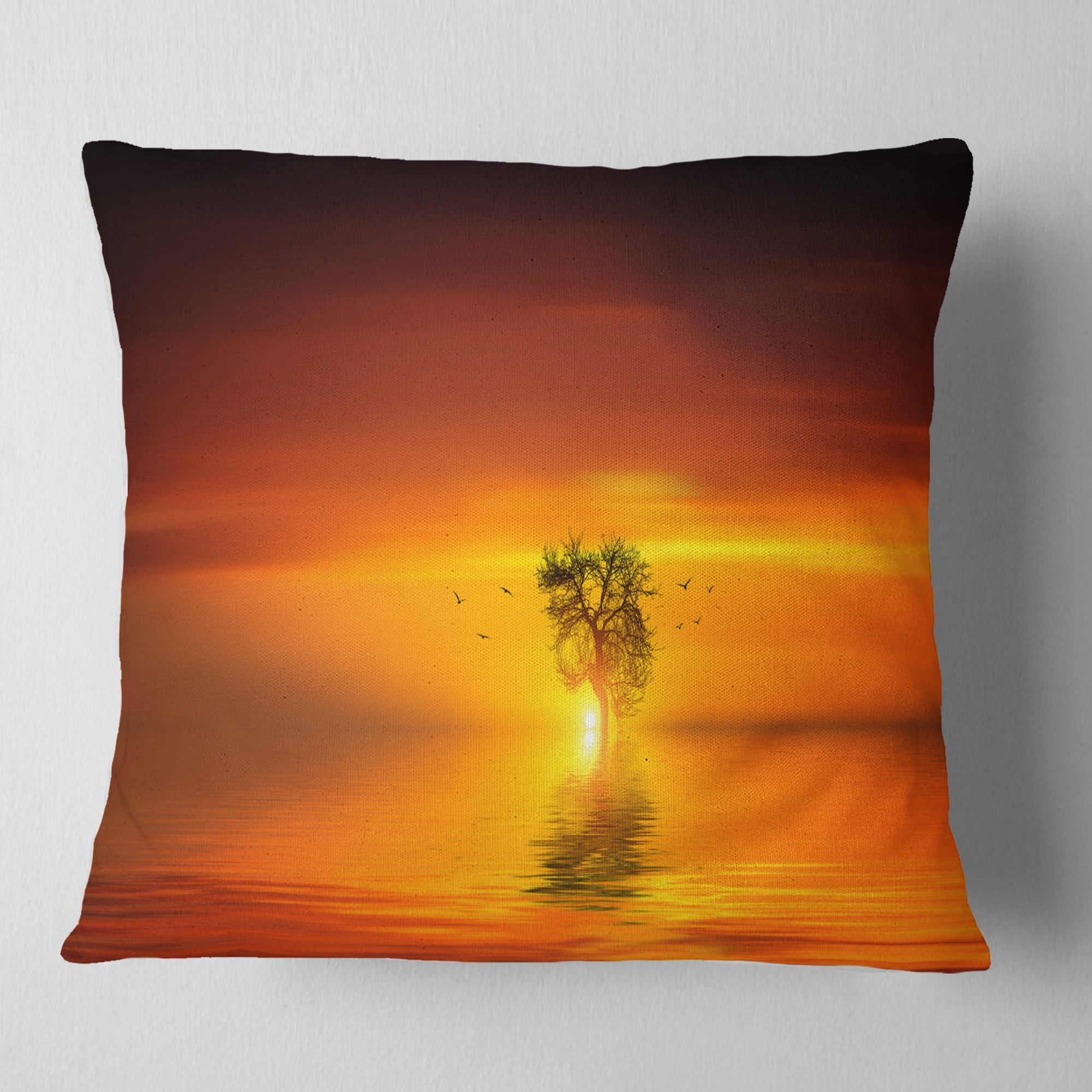 Designart Wonderful Tree with Birds at Sunset - Landscape Printed Throw Pillow - 16x16