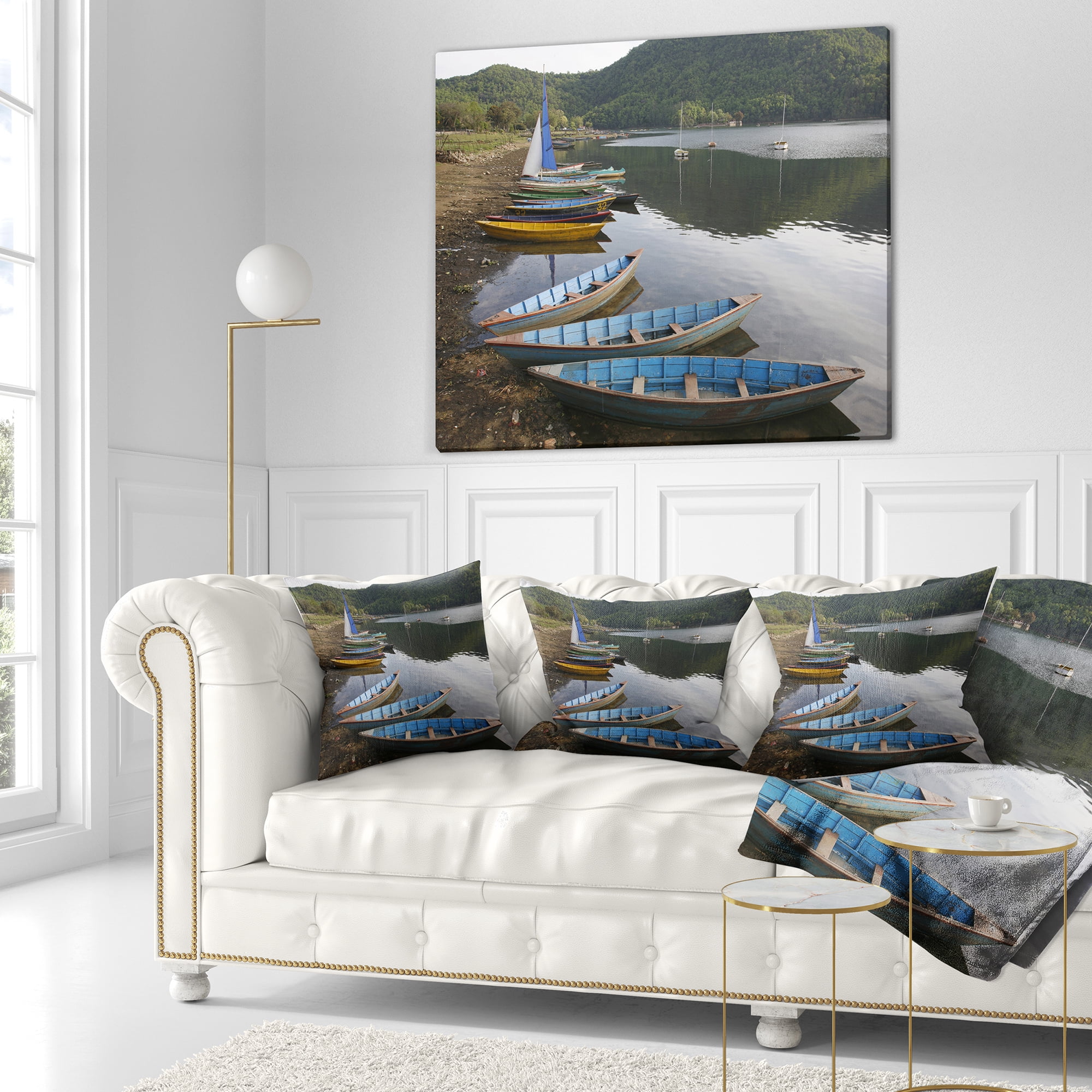 Designart Wonderful View of Pokhara Boats - Boat Throw Pillow - 16x16