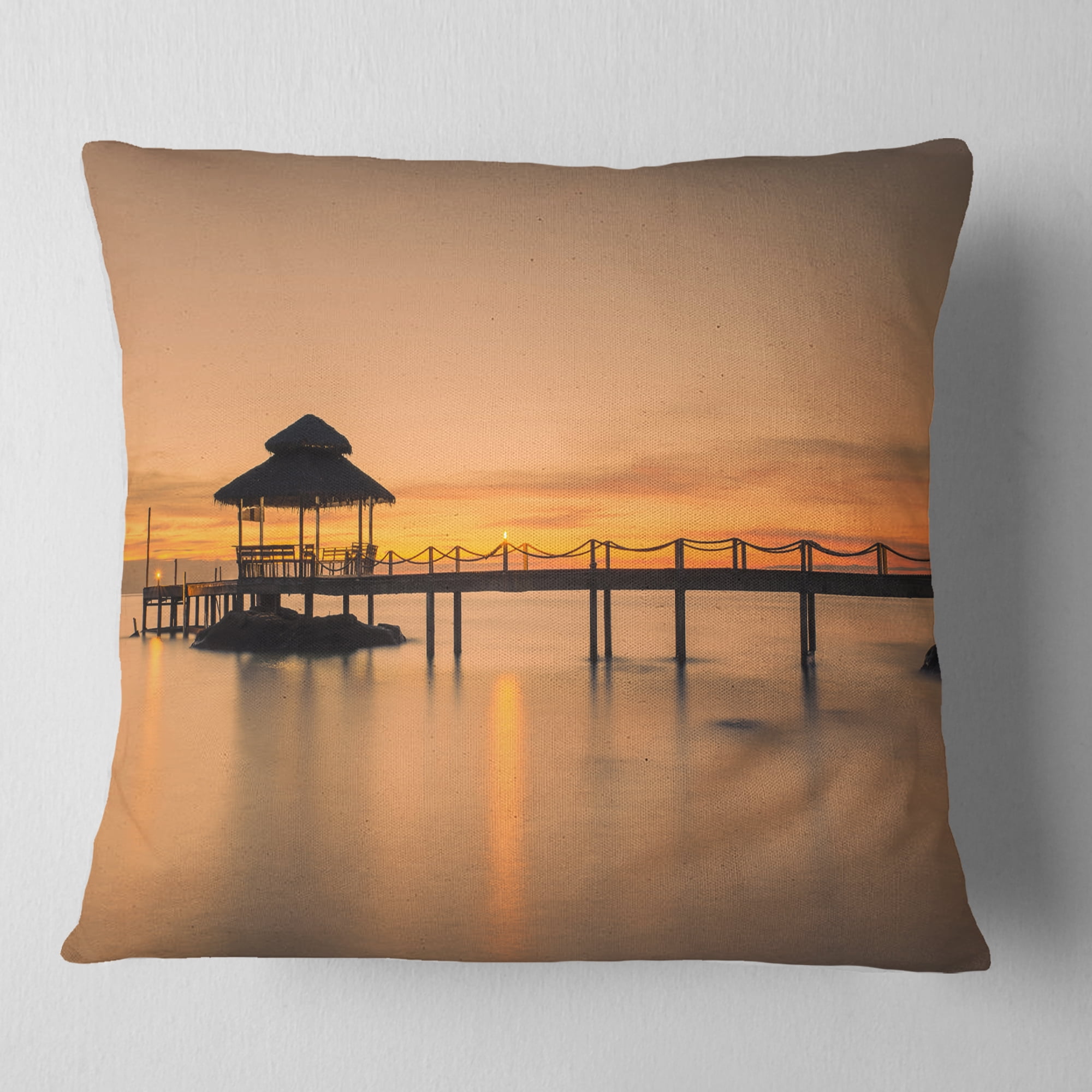 Designart Wonderful Wooden Pier and Hut Phuket - Pier Seascape Throw Pillow - 18x18