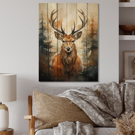 Designart "Wondering Deer V" Animals Print on Natural Pine Wood
