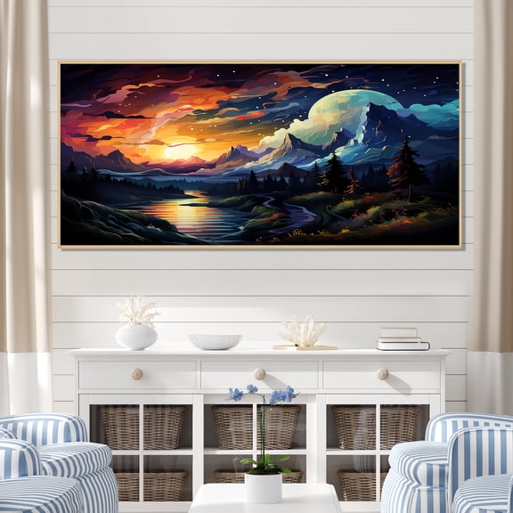 Designart "Wonderland Sunset Yellow Lakeside Mountains II" Oversized Landscapes Framed Wall Art - Country Yellow Forest River Mountains Entryway Framed Wall Art