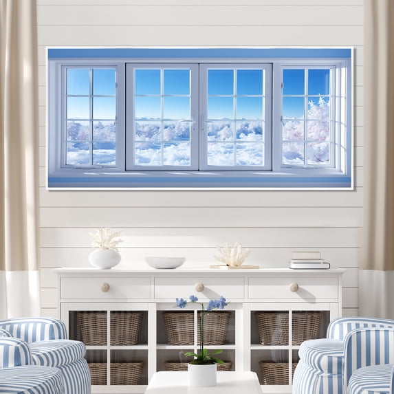 Designart "Wonderland Window Winter's Whispers" Extra Large Landscapes Framed Wall Art - Traditional Blue Winter Landscape Hallway Framed Wall Art Decor