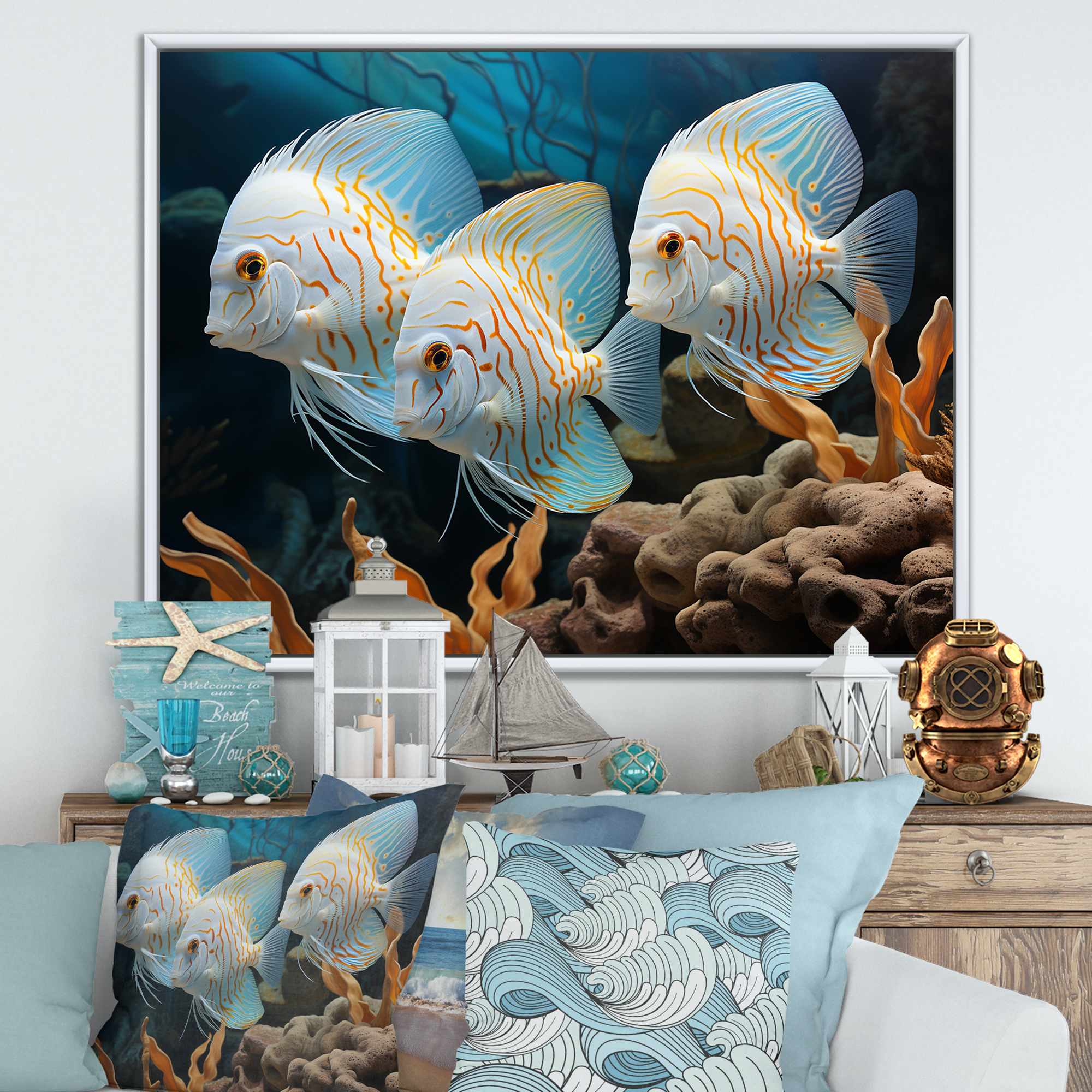 Designart "Wonderland of White and Blue Butterfly Fish" Animals Framed