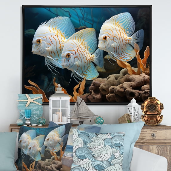 Designart "Wonderland of White and Blue Butterfly Fish" Animals Framed Wall Art - Modern White Butterfly Fish Entryway Framed Wall Art Print