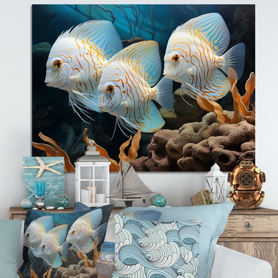 Designart "Wonderland of White and Blue Butterfly Fish" Animals Wall Art - Modern White Butterfly Fish Hallway Wall Art Decor