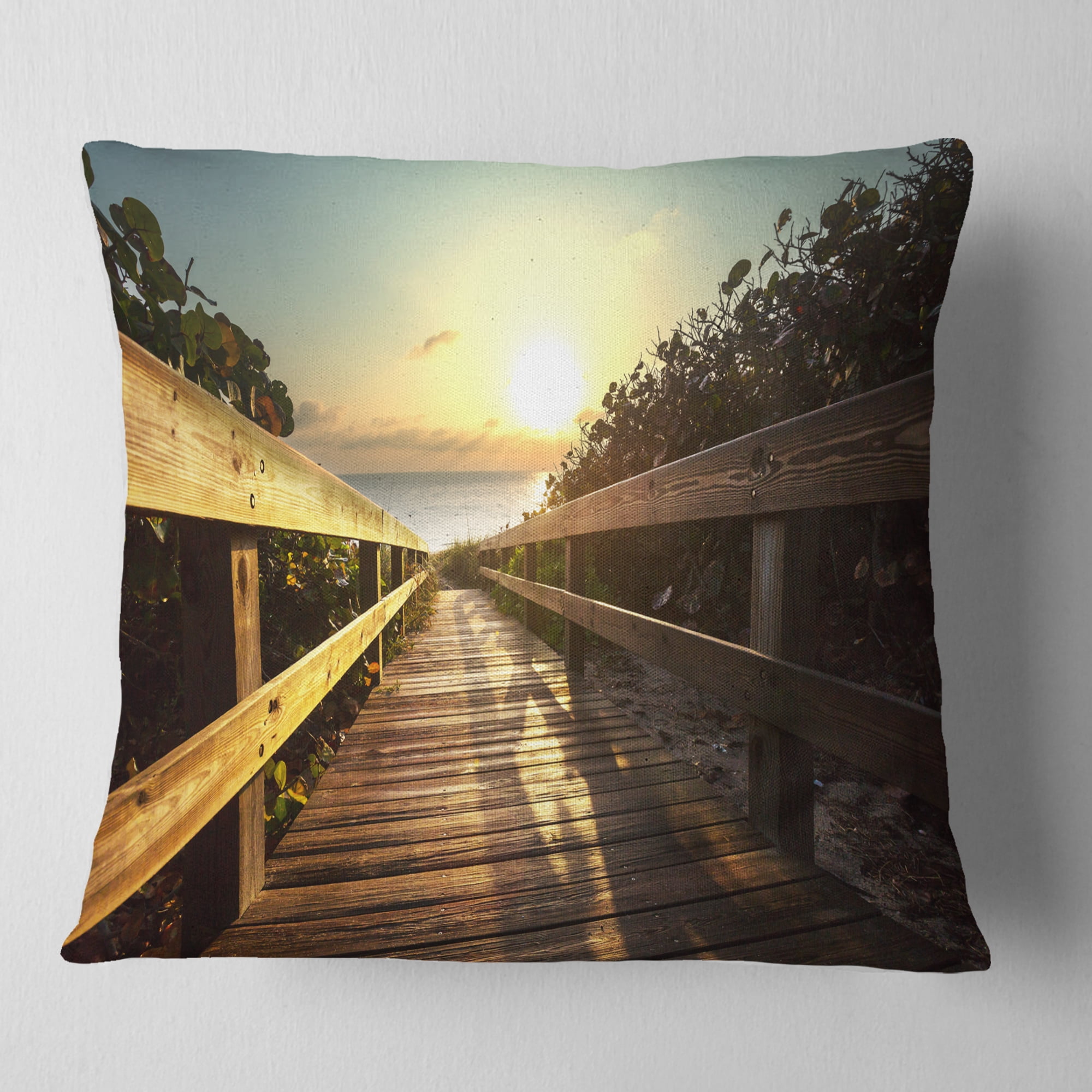 Designart Wood Boardwalk into the Sunset Sea - Bridge Throw Pillow - 18x18