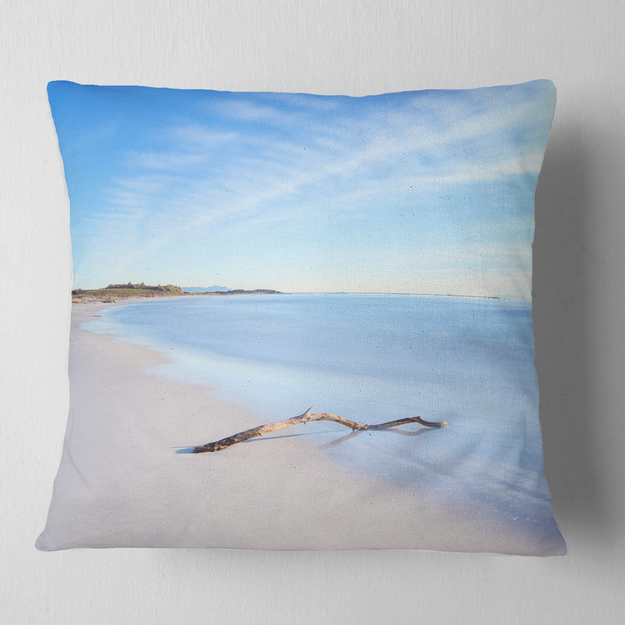 Designart Wood Branch on White Beach - Modern Seascape Throw Pillow - 18x18