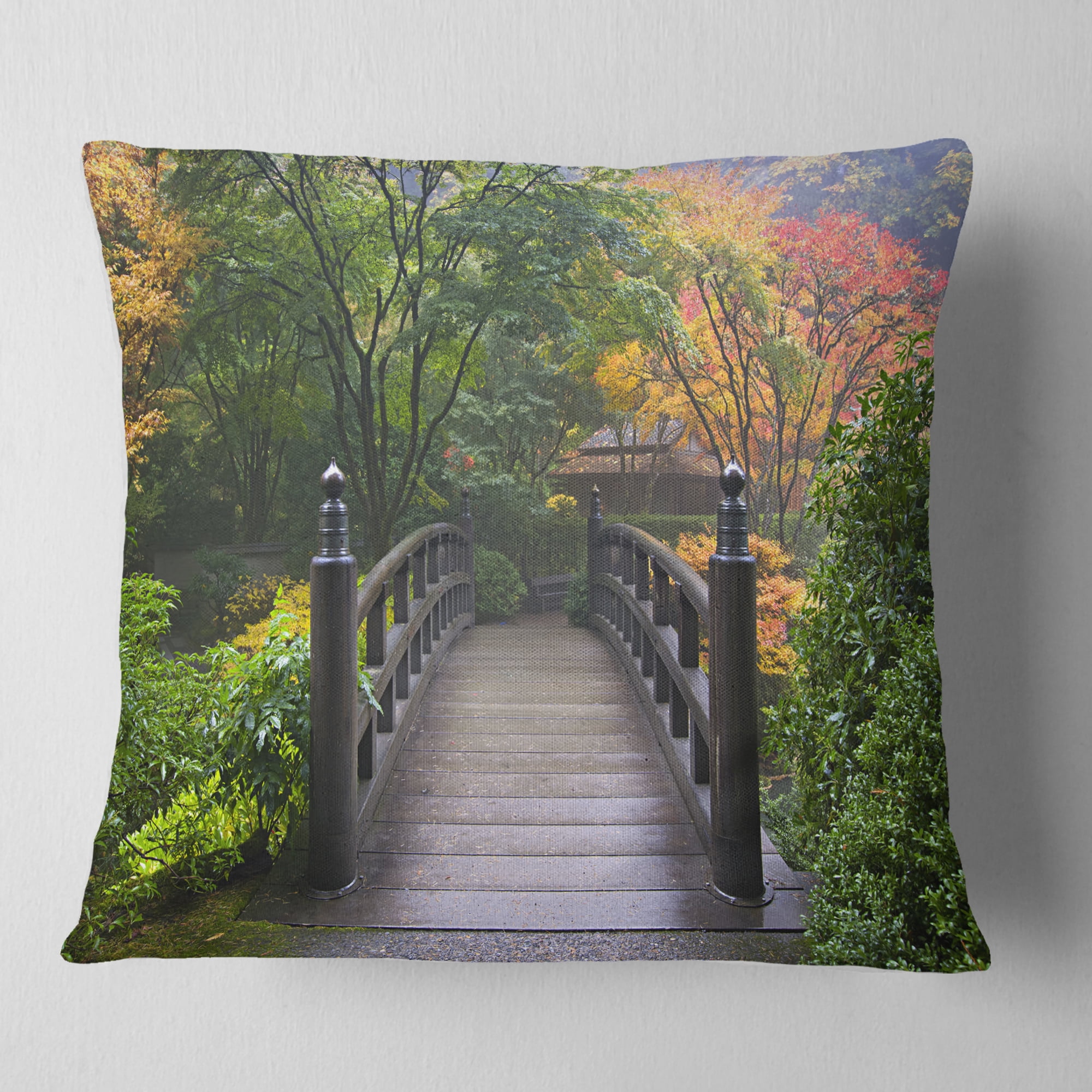 Designart Wood Bridge at Japanese Garden In Fall - Bridge Throw Pillow - 18x18