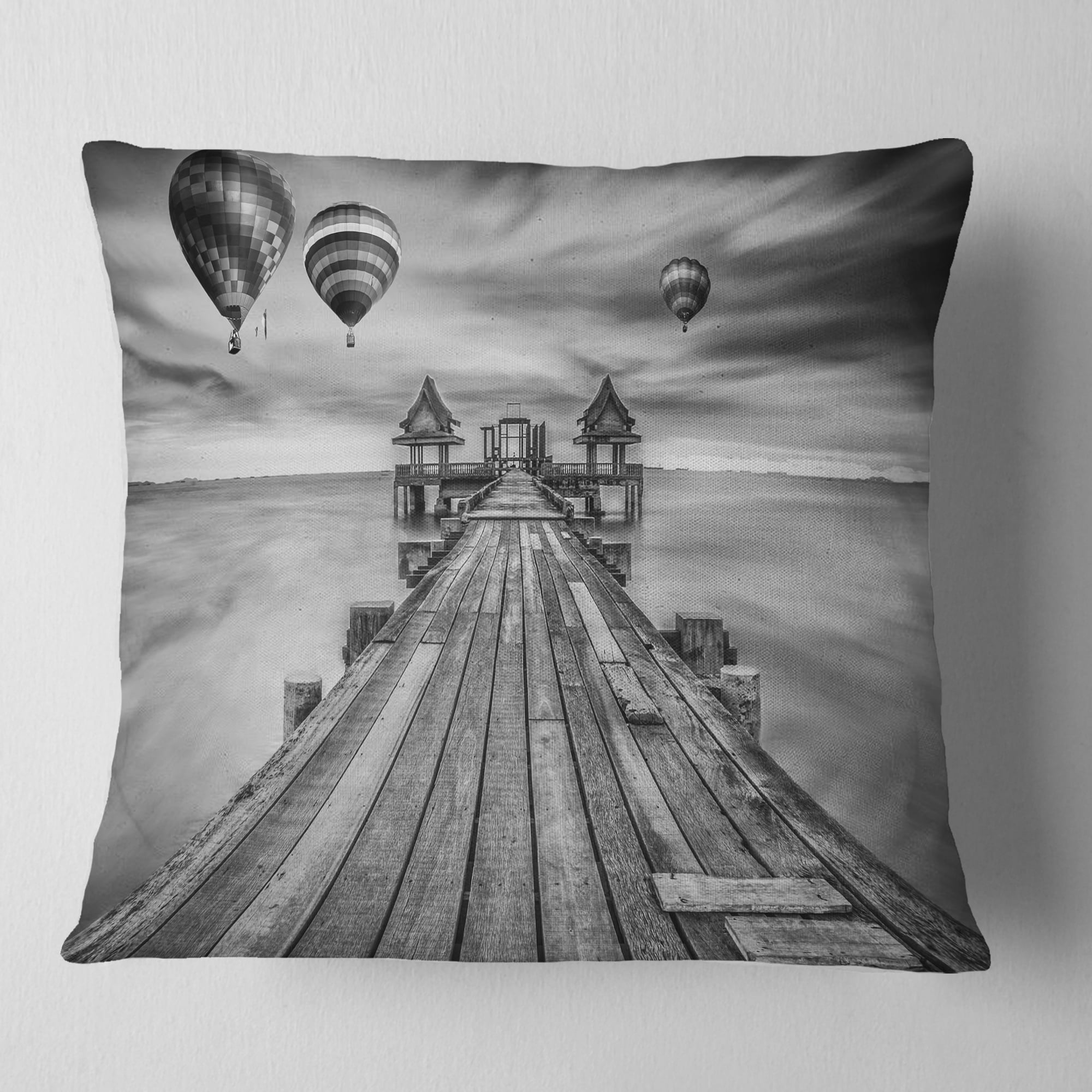 Designart Wood Bridge in Port between Sunrise - Sea Bridge Throw Pillow - 18x18