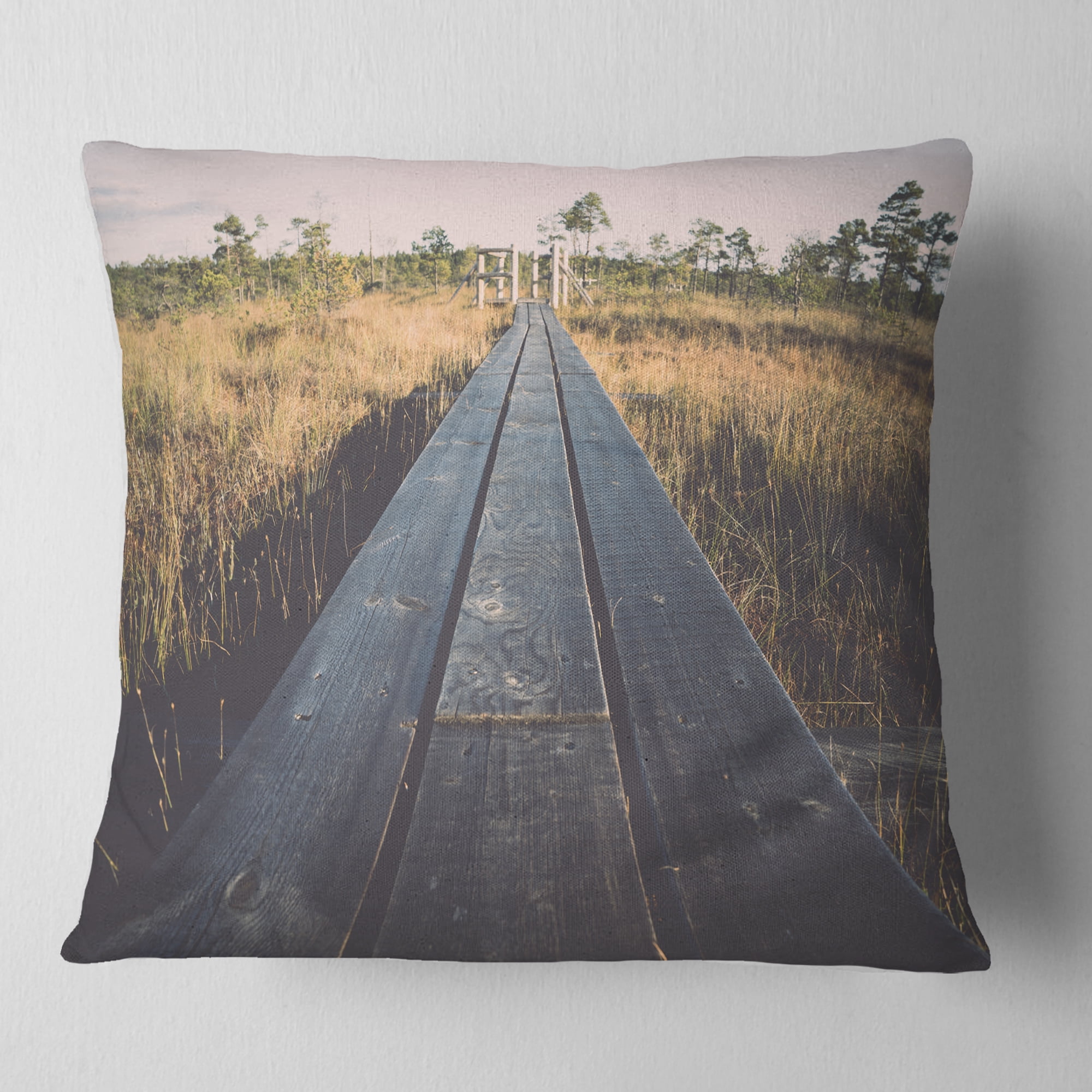 Designart Wood Footpath on the Bog in Fall - Landscape Printed Throw Pillow - 16x16