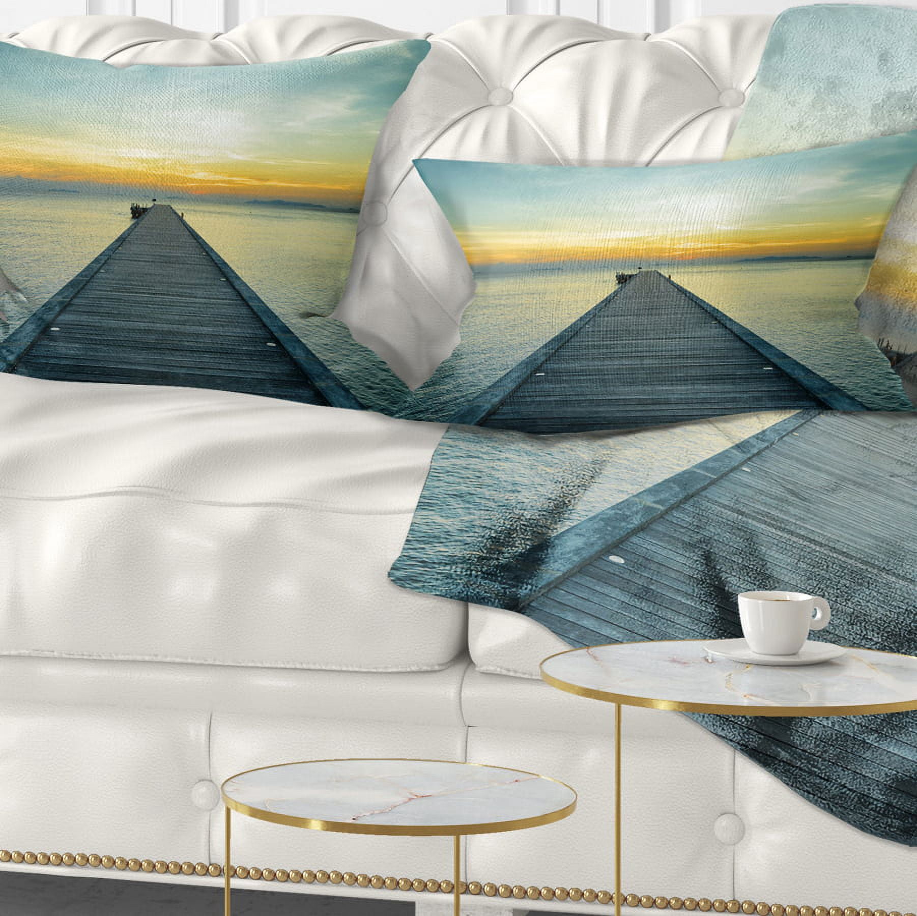 Designart Wood Pier into the Yellow Blue Sea - Wooden Sea Bridge Throw Pillow - 12x20