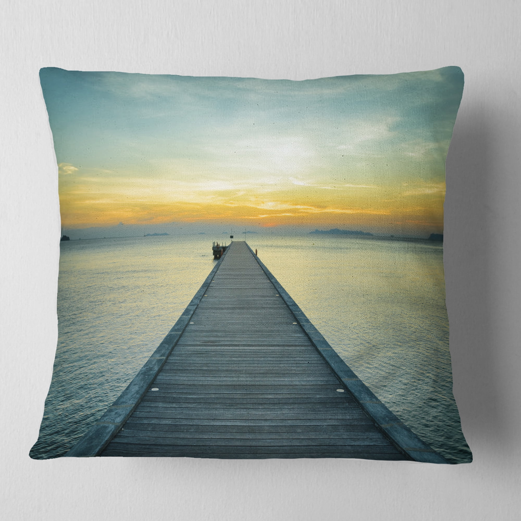 Designart Wood Pier into the Yellow Blue Sea - Wooden Sea Bridge Throw Pillow - 18x18