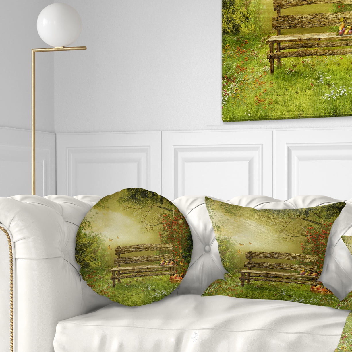 Designart Wooden Bench in Village Orchard - Landscape Printed Throw Pillow - 12x20