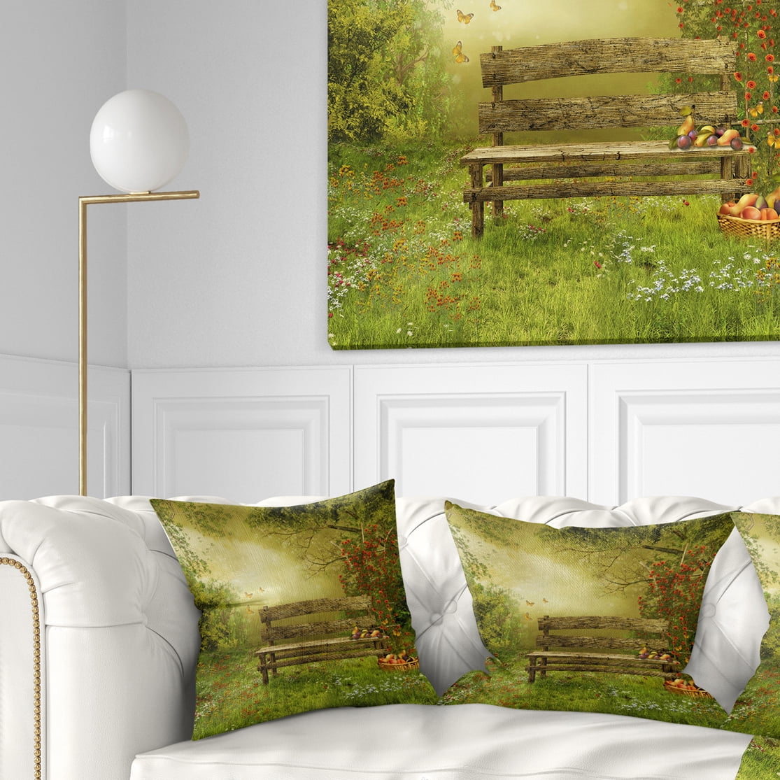 Designart Wooden Bench in Village Orchard - Landscape Printed Throw Pillow - 18x18