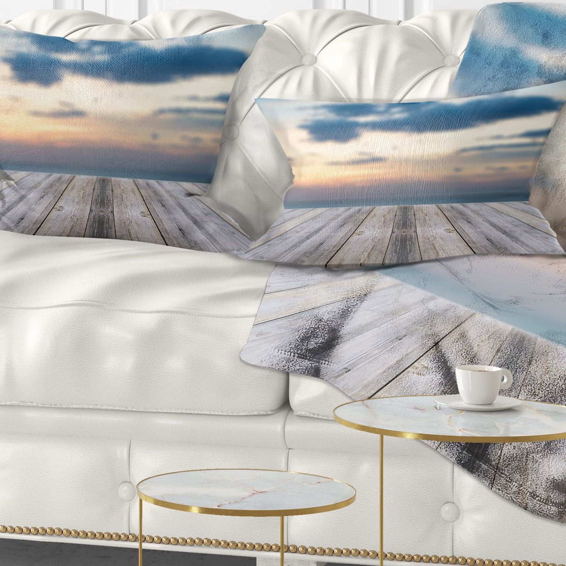 Designart Wooden Board at Sunset Seashore - Modern Throw Pillow - 12x20