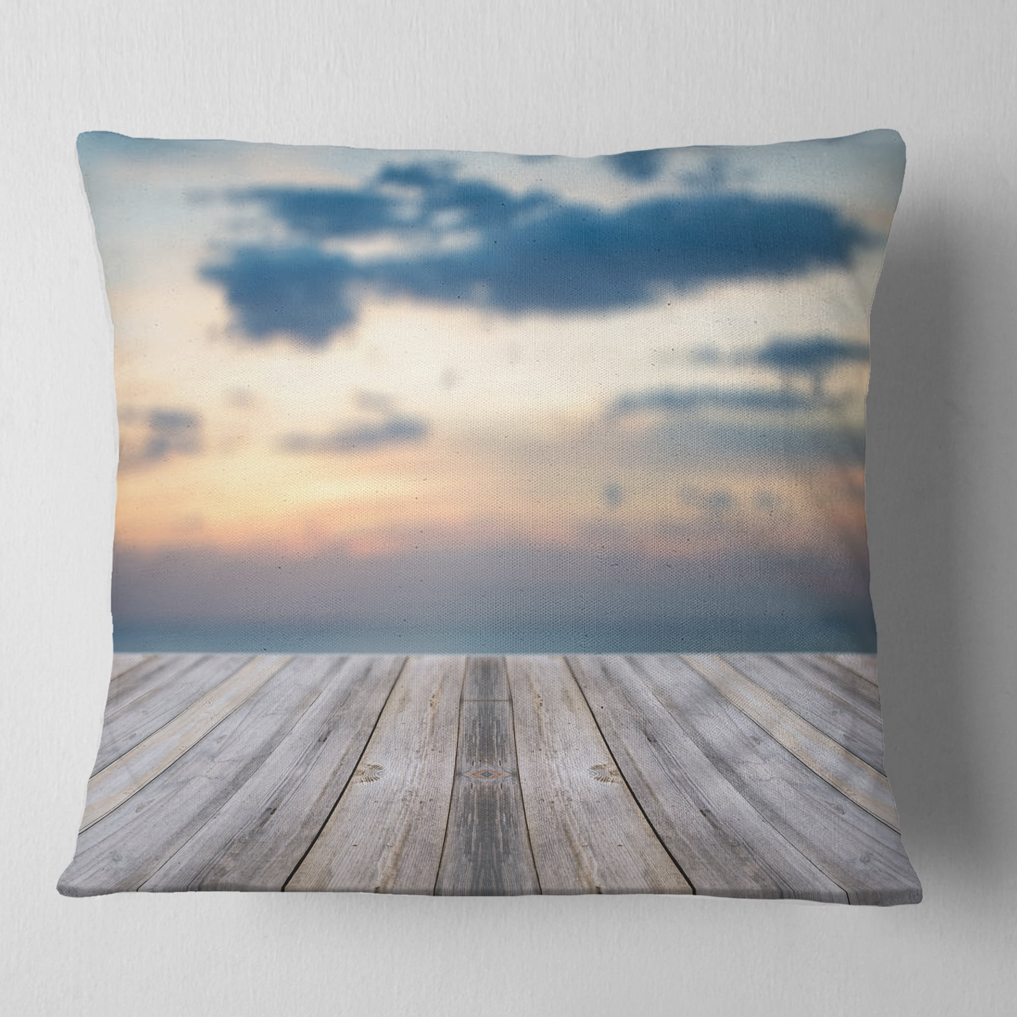 Designart Wooden Board at Sunset Seashore - Modern Throw Pillow - 18x18