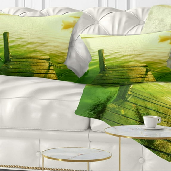 Designart Wooden Boardwalk in Green Sea - Bridge Throw Pillow - 12x20