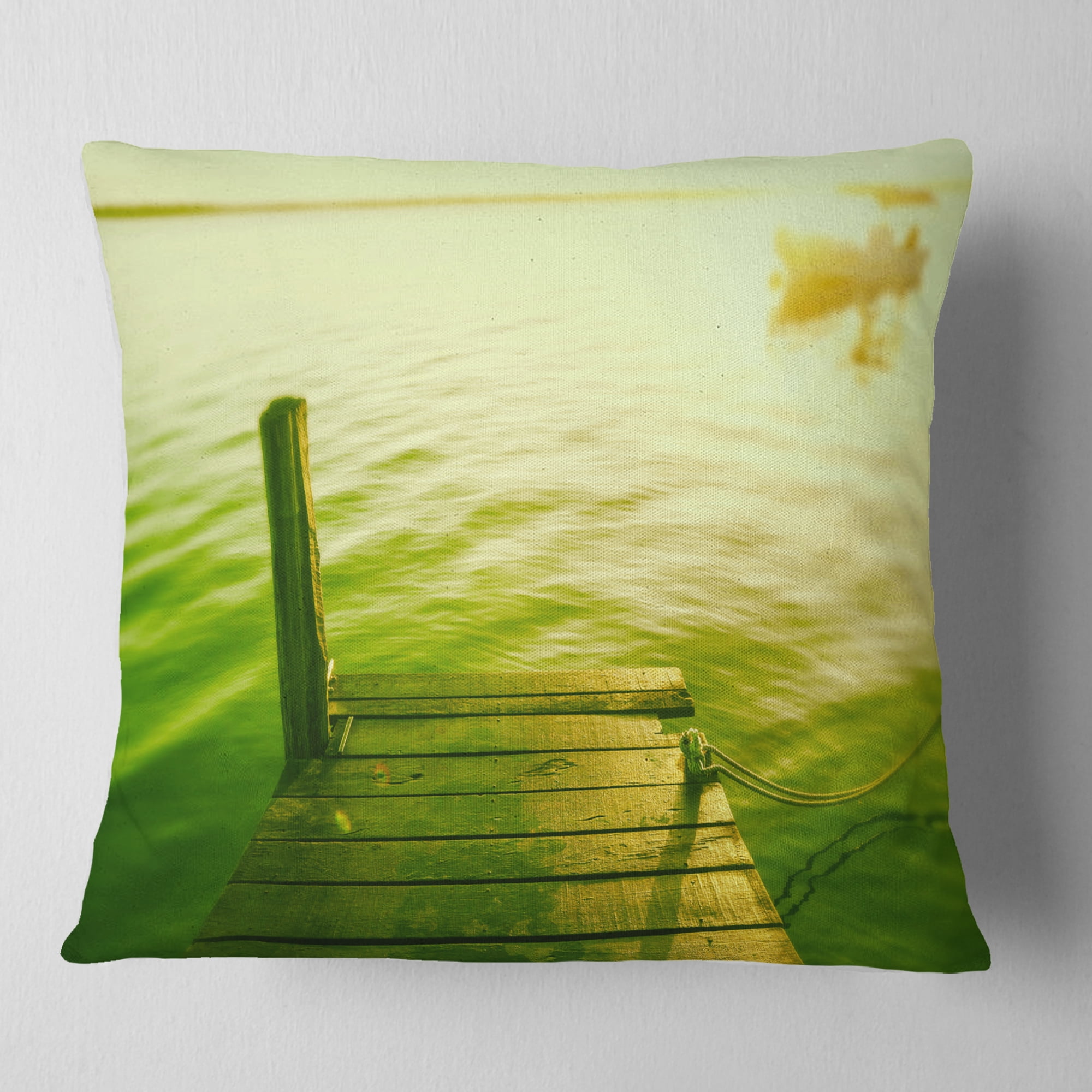 Designart Wooden Boardwalk in Green Sea - Bridge Throw Pillow - 16x16