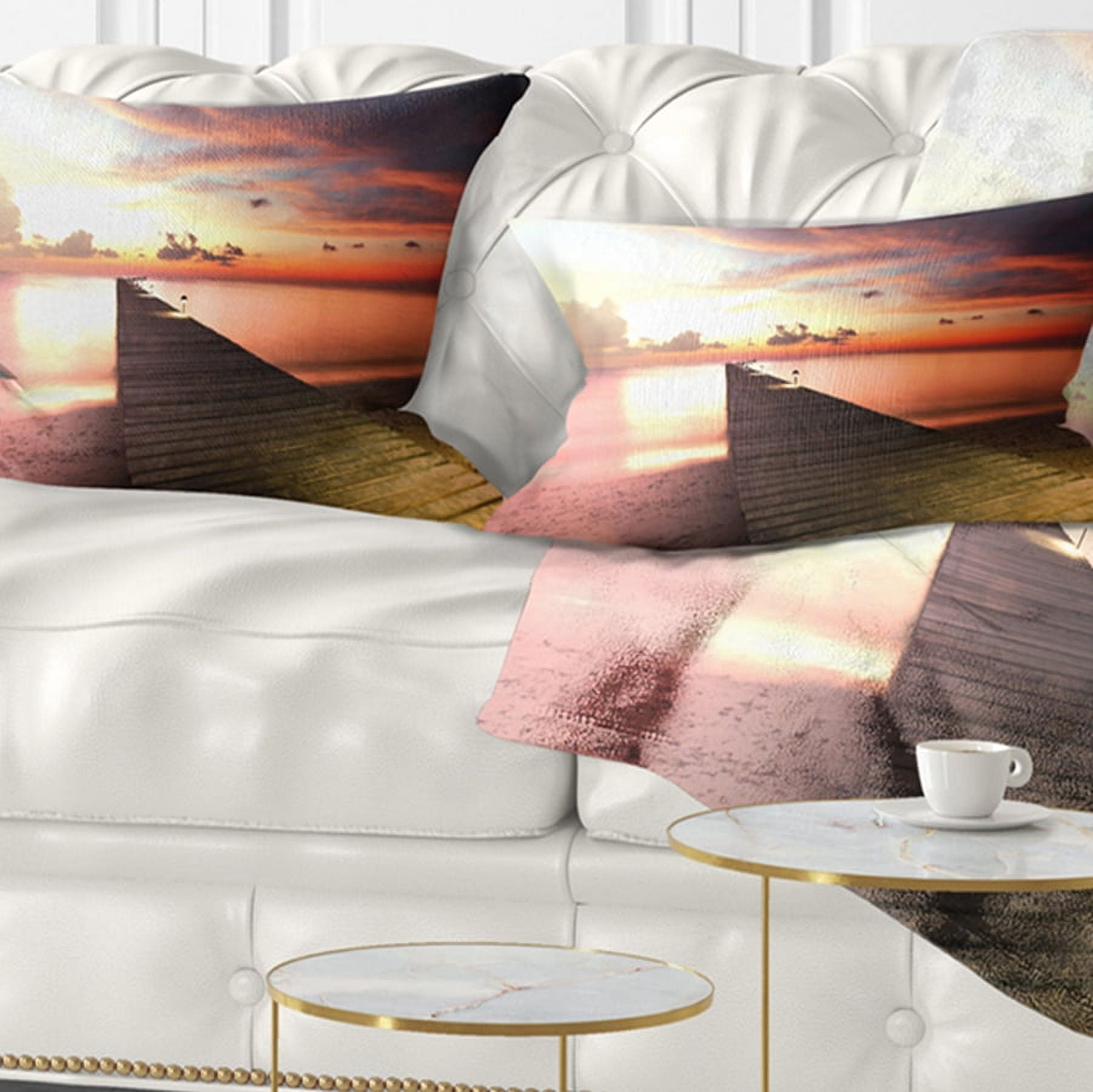 Designart Wooden Boardwalk into Colorful Sea - Bridge Throw Pillow - 12x20