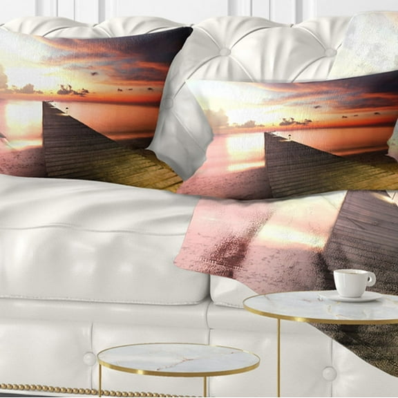 Designart Wooden Boardwalk into Colorful Sea - Bridge Throw Pillow - 12x20