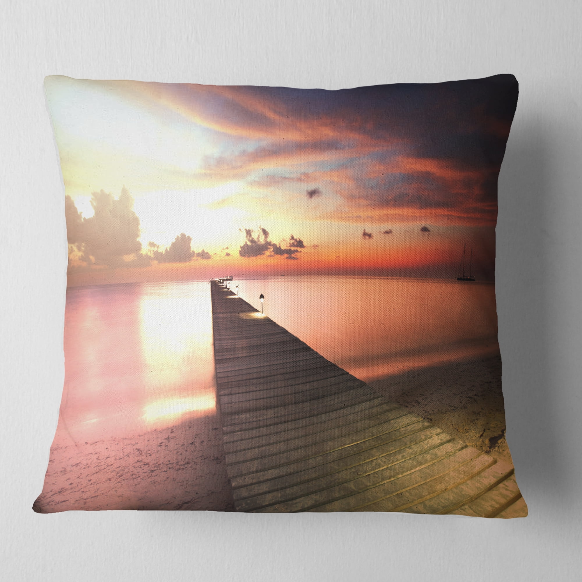 Designart Wooden Boardwalk into Colorful Sea - Bridge Throw Pillow - 16x16