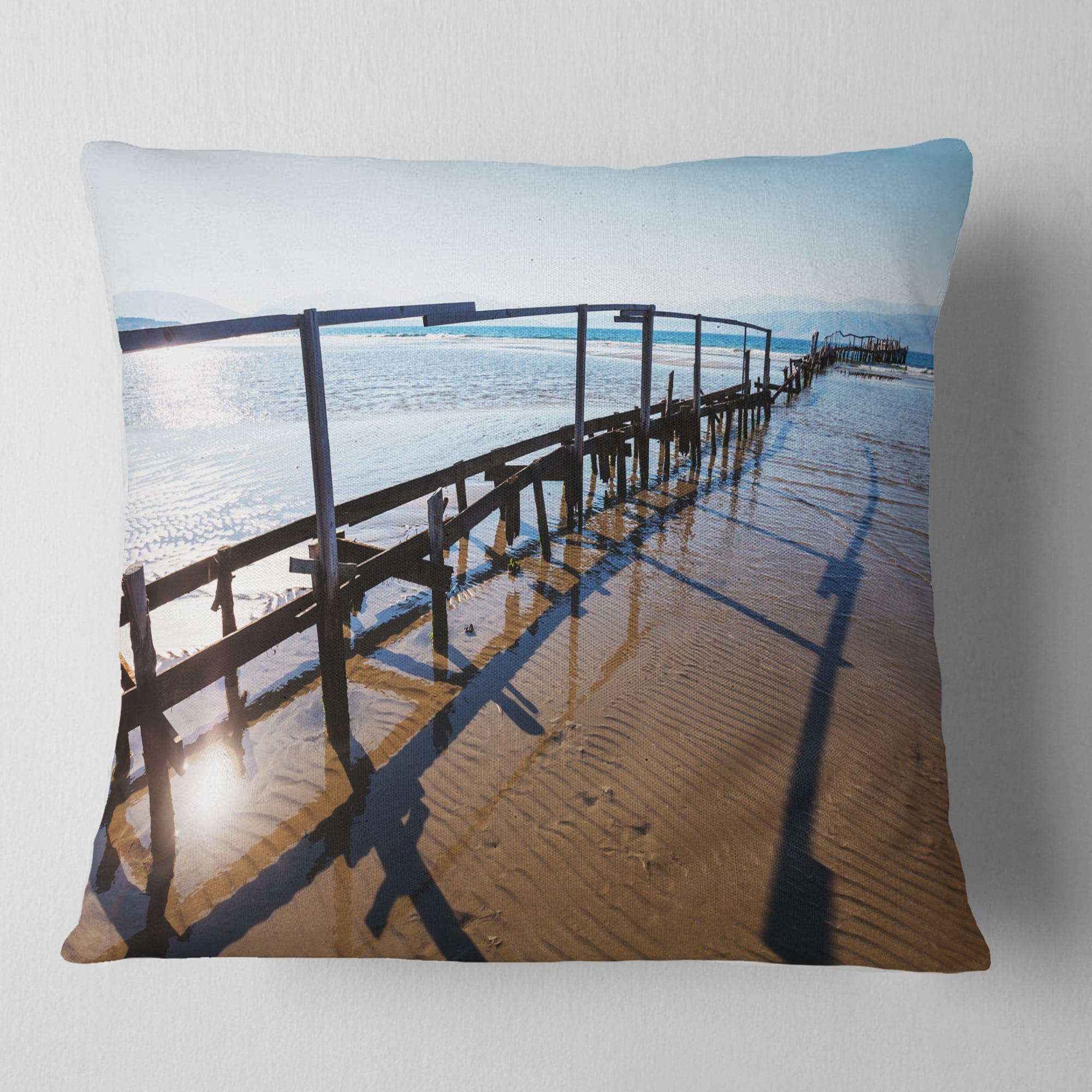 Designart Wooden Boardwalk on Beach - Sea Bridge Throw Pillow - 18x18