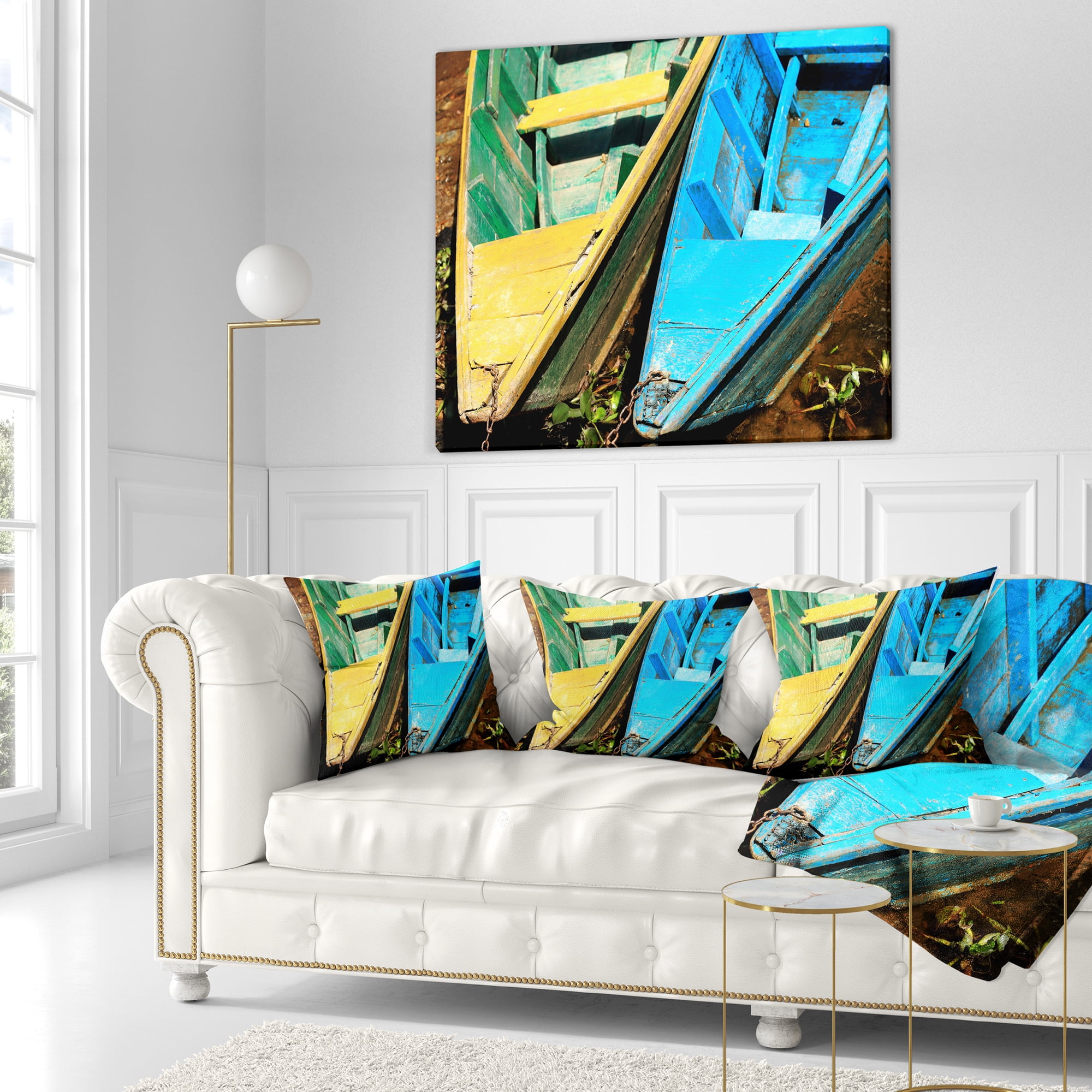 Designart Wooden Boats on Lake Phewa - Boat Throw Pillow - 16x16