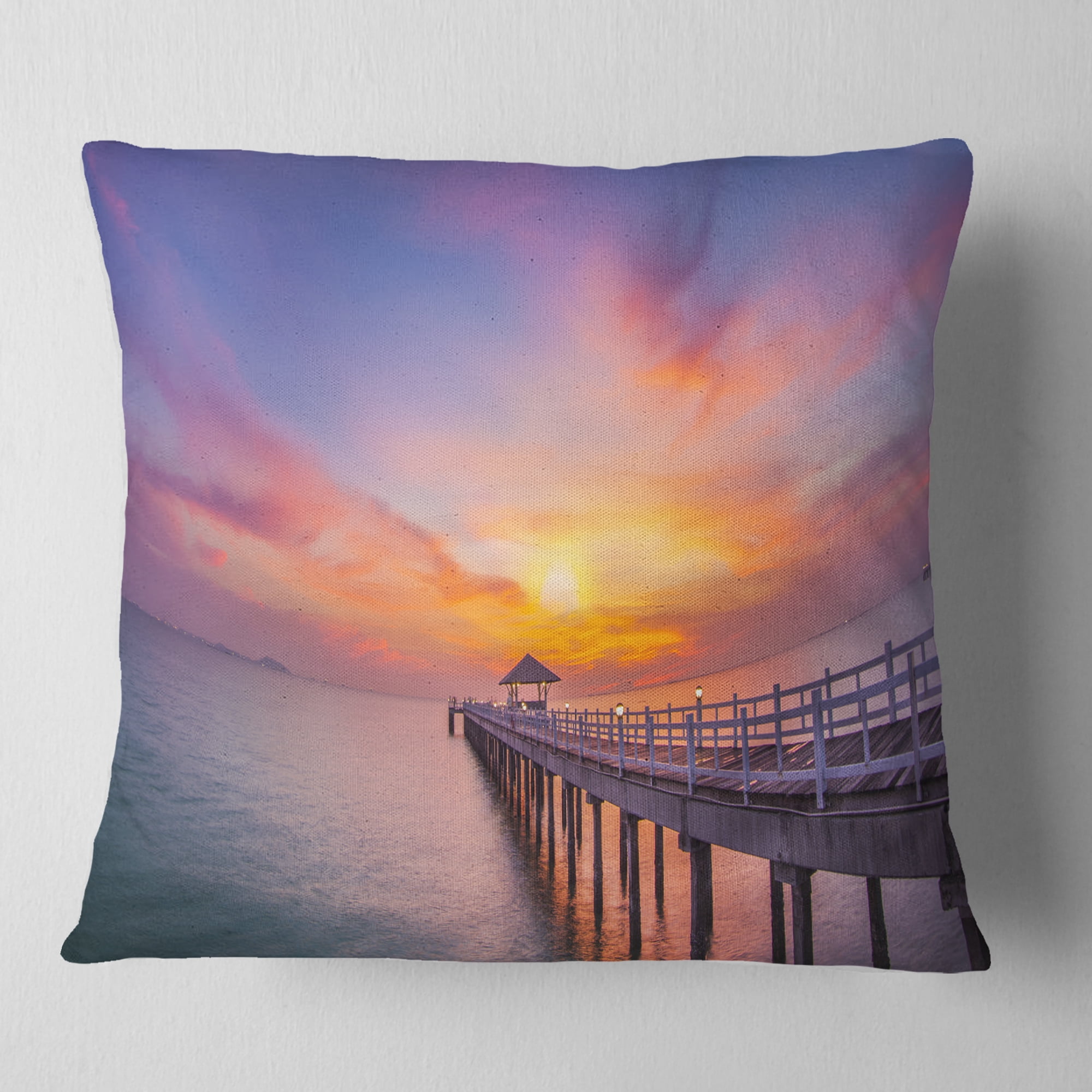 Designart Wooden Bridge Long Into the Ocean - Pier Seascape Throw Pillow - 18x18