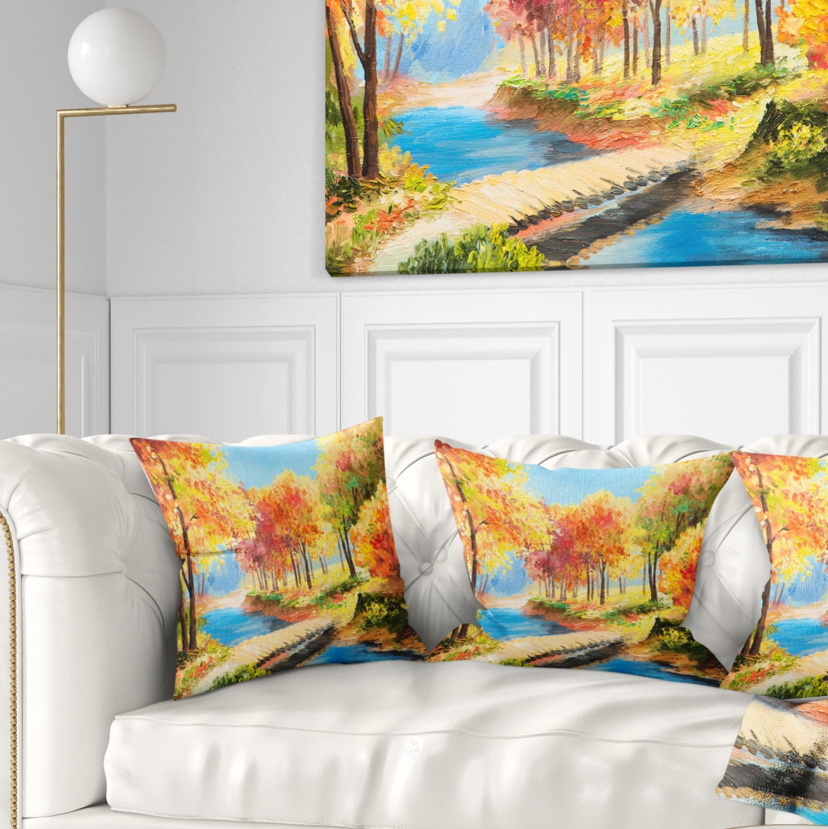 Designart Wooden Bridge in Colorful Forest - Landscape Printed Throw Pillow - 18x18