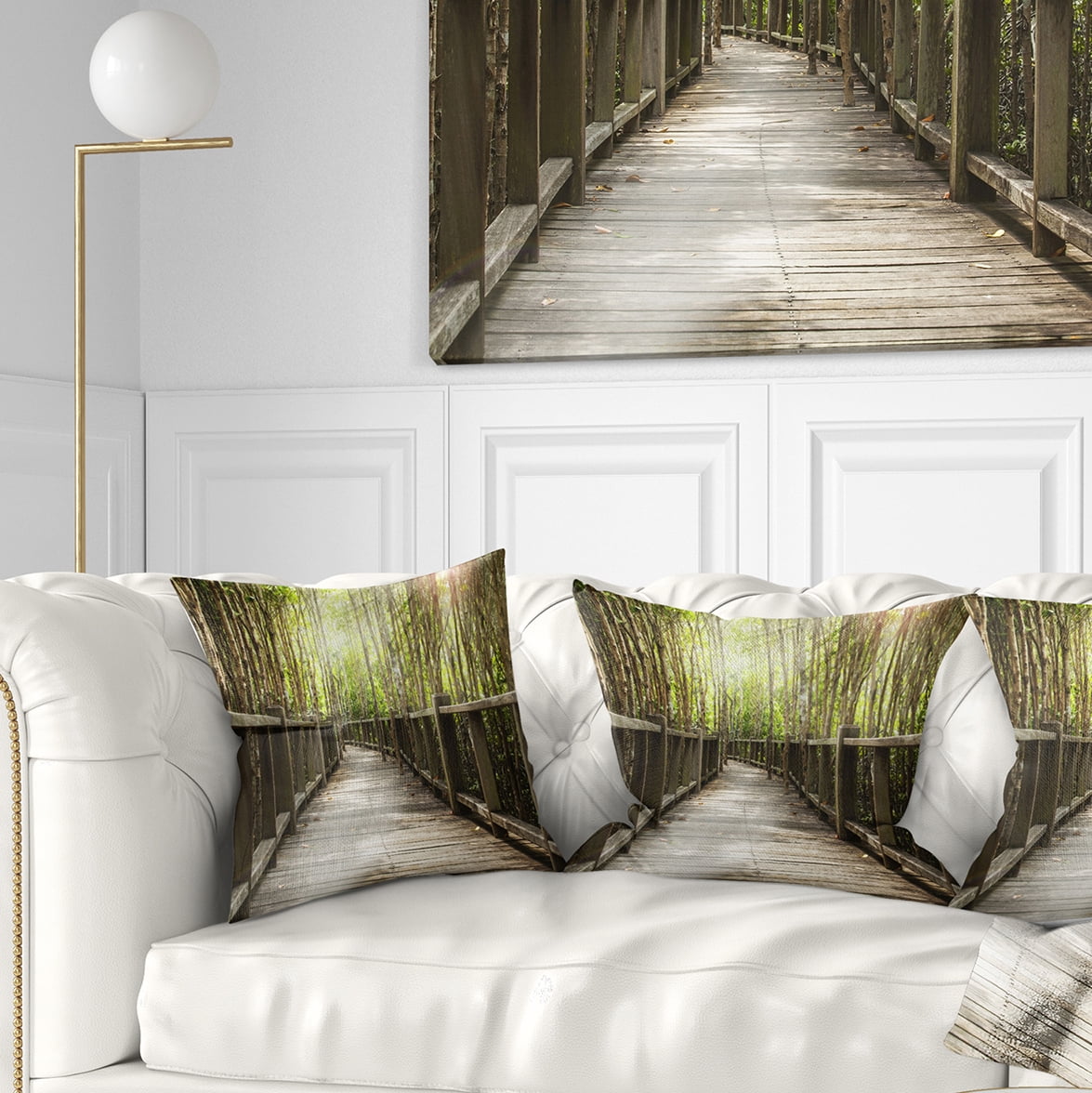 Designart Wooden Bridge in Forest - Landscape Photography Throw Pillow - 16x16