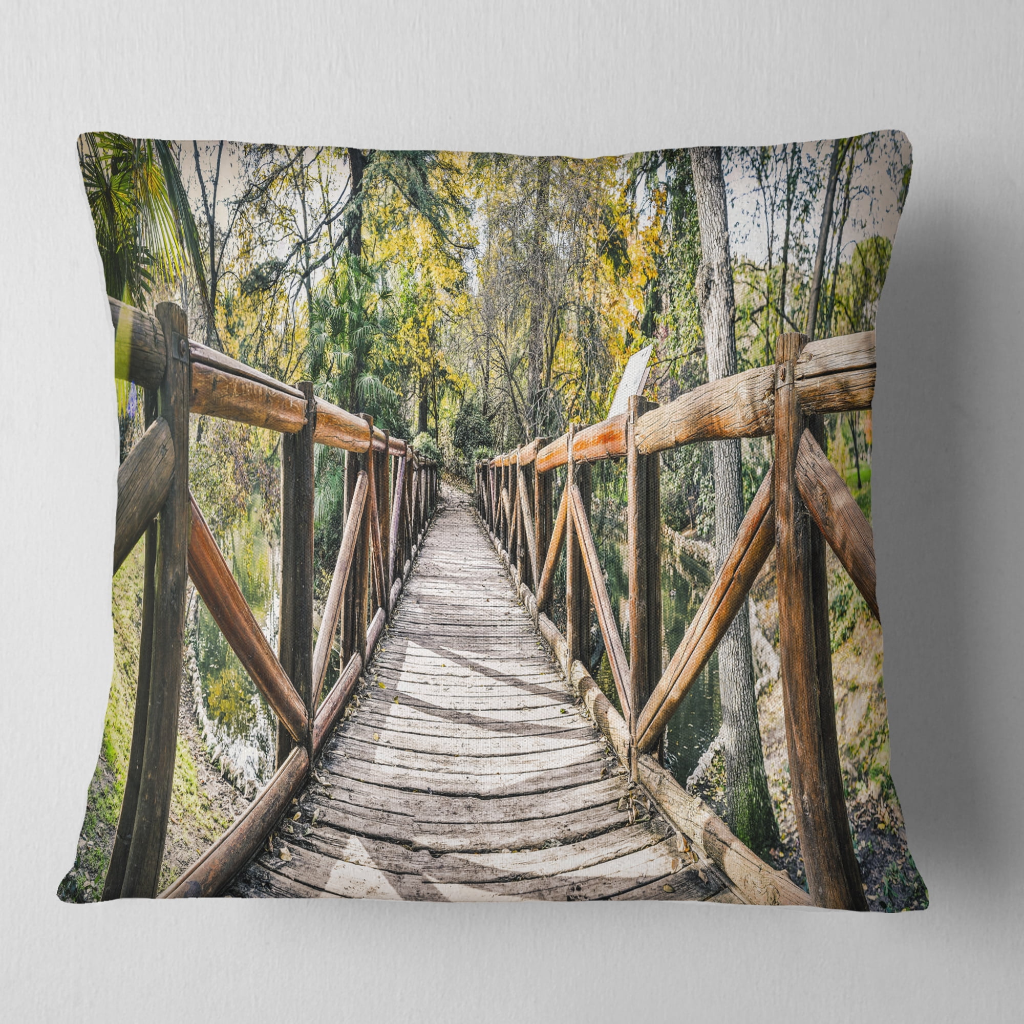 Designart Wooden Bridge in Forest - Wooden Sea Bridge Throw Pillow - 16x16