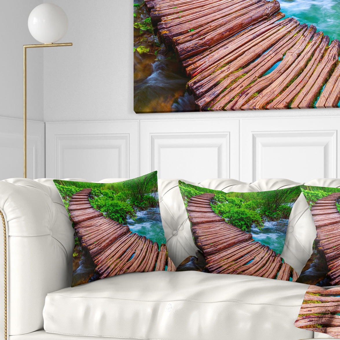 Designart Wooden Bridge in National Park - Landscape Photography Throw Pillow - 16x16