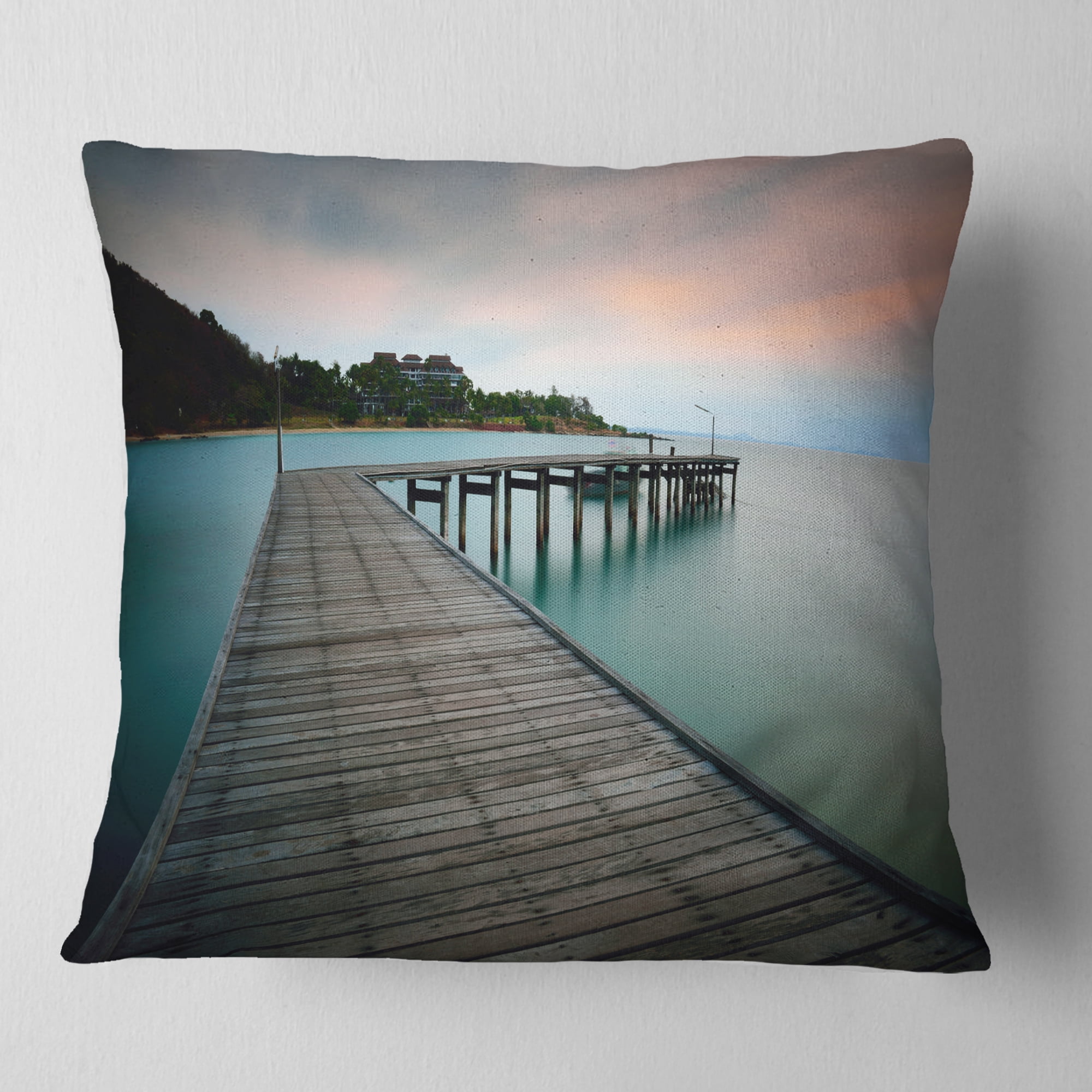 Designart Wooden Bridge into Blue Sea - Modern Throw Pillow - 18x18