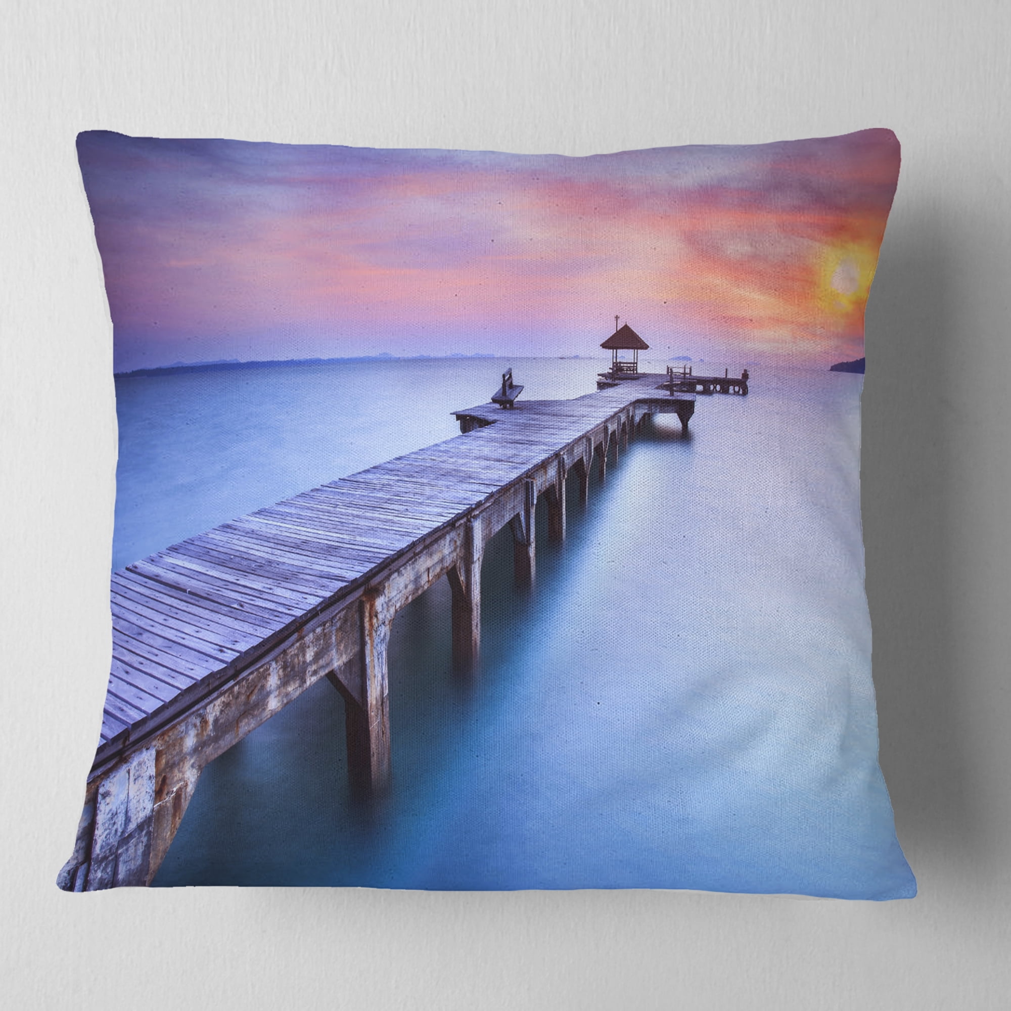 Designart Wooden Bridge over Blue Waters - Pier Seascape Throw Pillow - 18x18