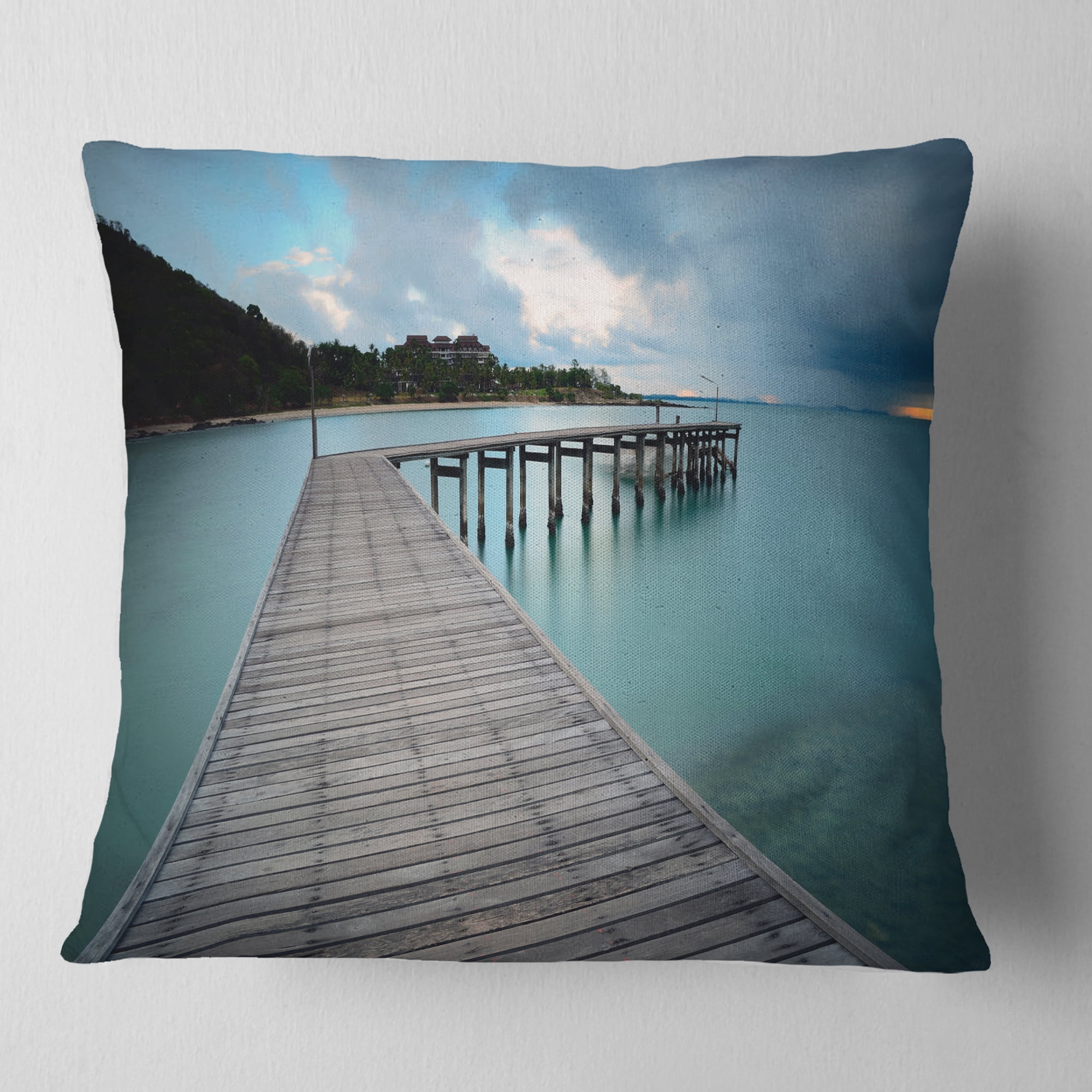 Designart Wooden Bridge to Calm Ocean - Modern Throw Pillow - 16x16