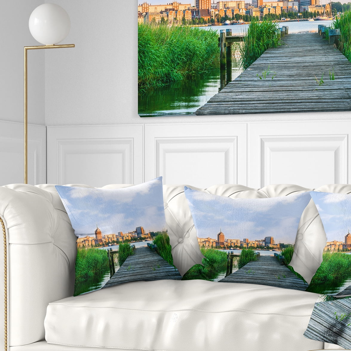 Designart Wooden Bridge to River Warnow - Landscape Printed Throw Pillow - 18x18