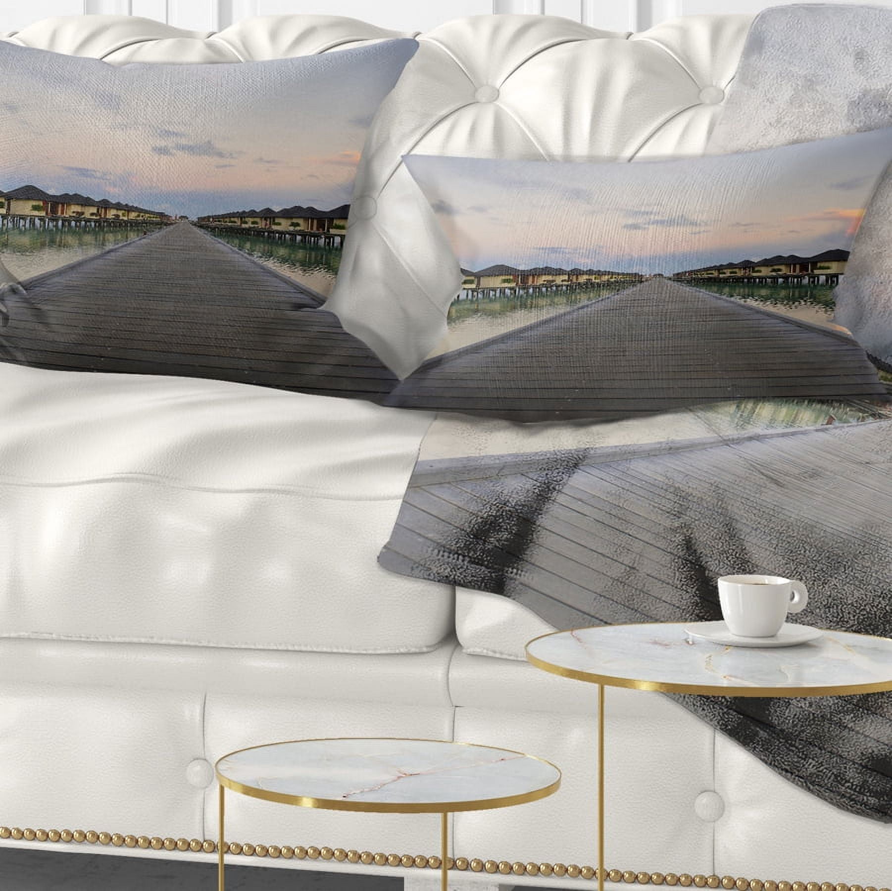 Designart Wooden Bridge to Water Home Villas - Wooden Sea Bridge Throw Pillow - 12x20