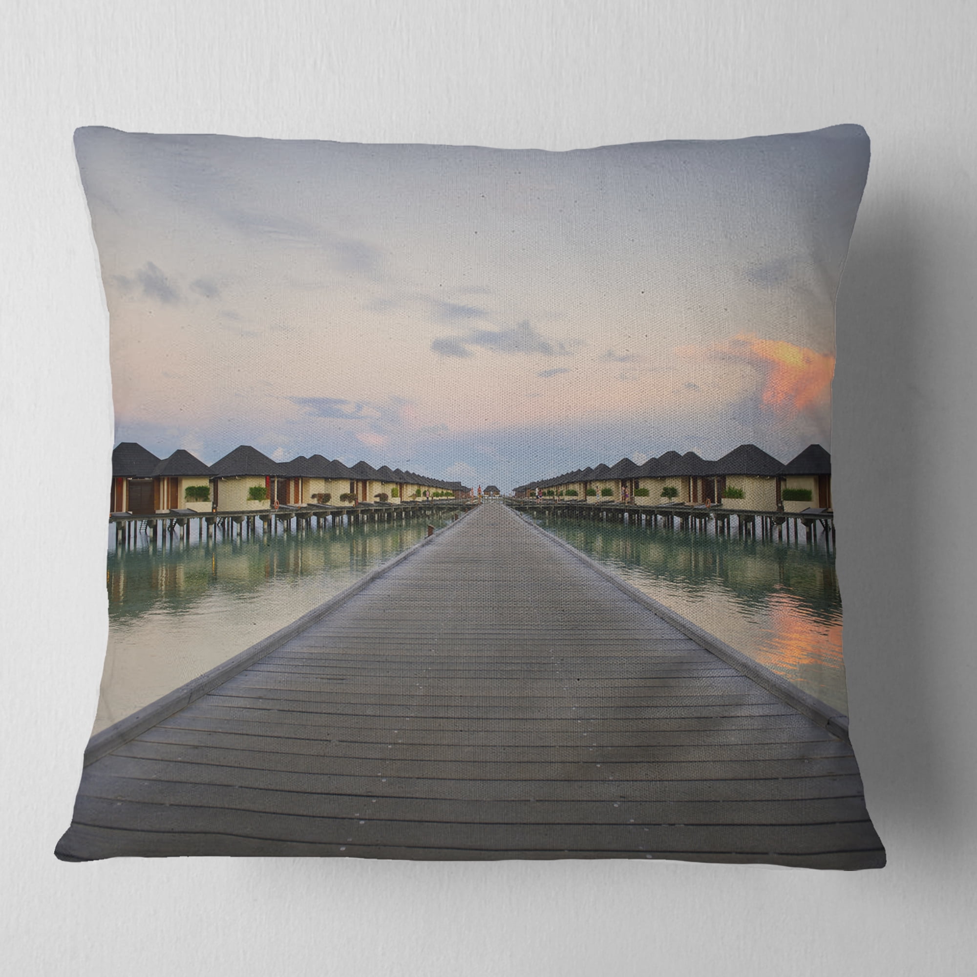 Designart Wooden Bridge to Water Home Villas - Wooden Sea Bridge Throw Pillow - 18x18