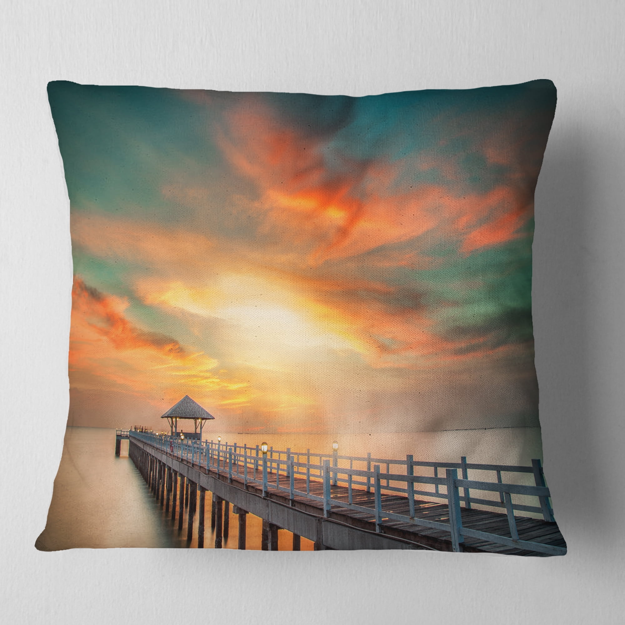 Designart Wooden Bridge under Colorful Sky - Sea Bridge Throw Pillow - 18x18