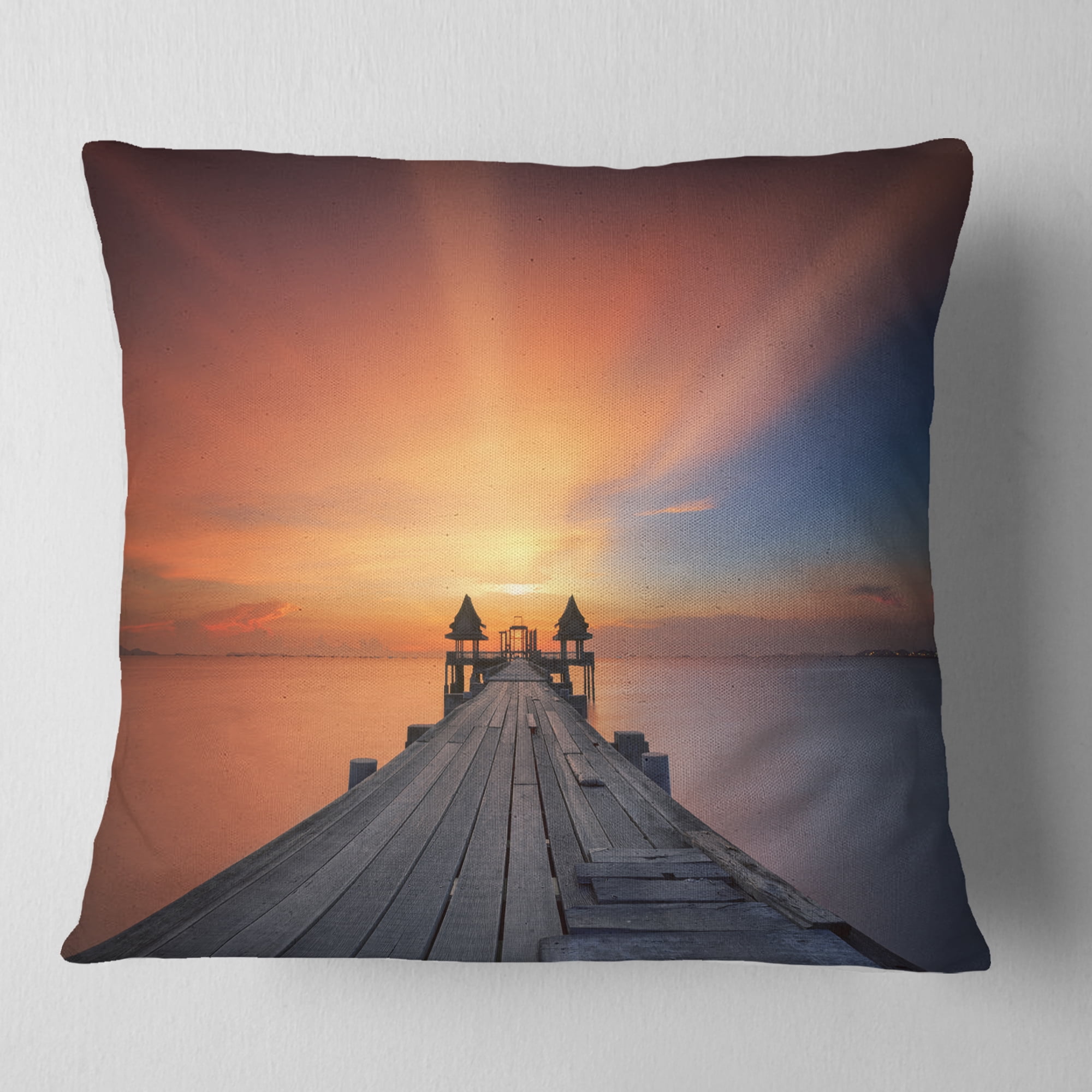 Designart Wooden Bridge under Illuminated Sky - Pier Seascape Throw Pillow - 18x18