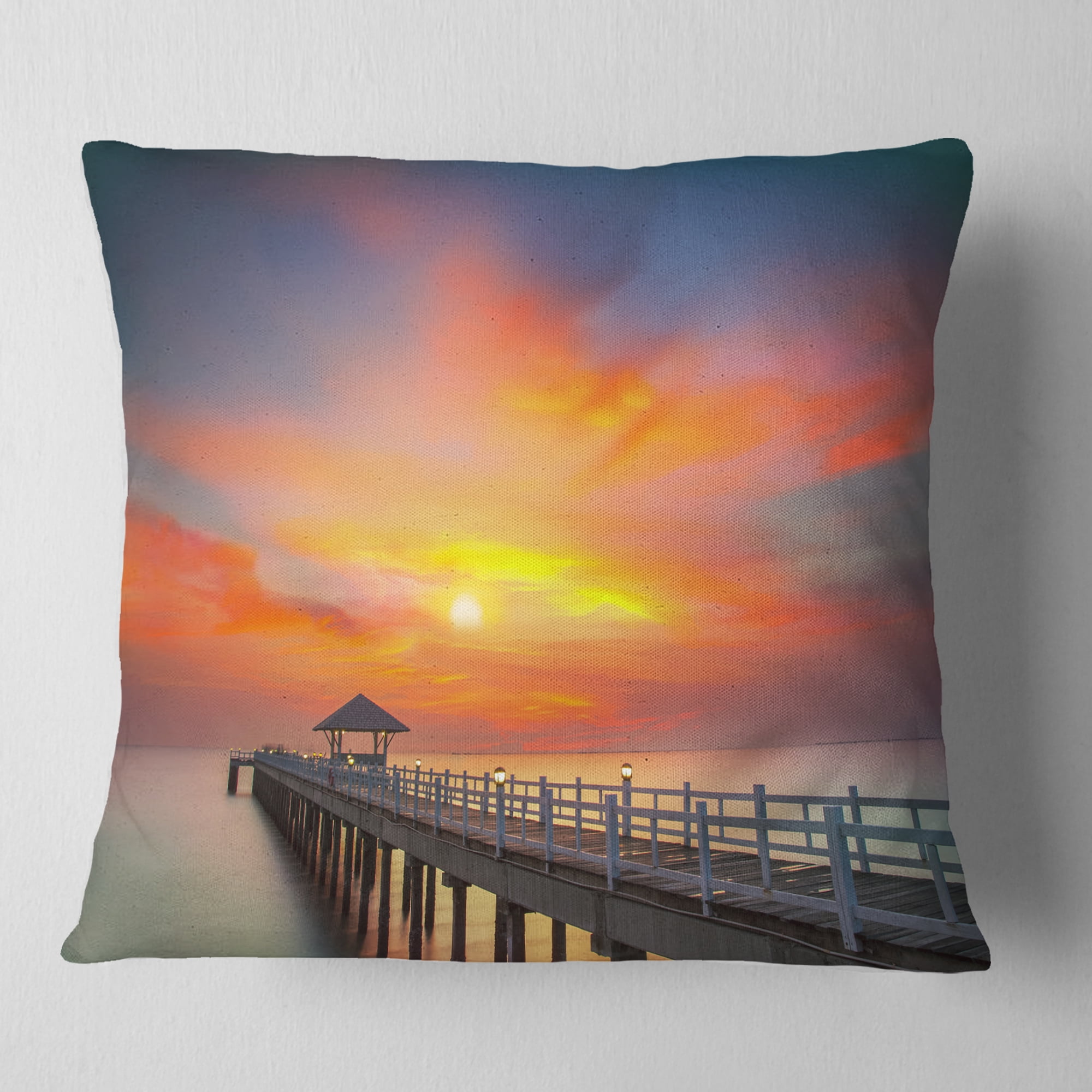 Designart Wooden Bridge under Yellow Sky - Pier Seascape Throw Pillow - 16x16