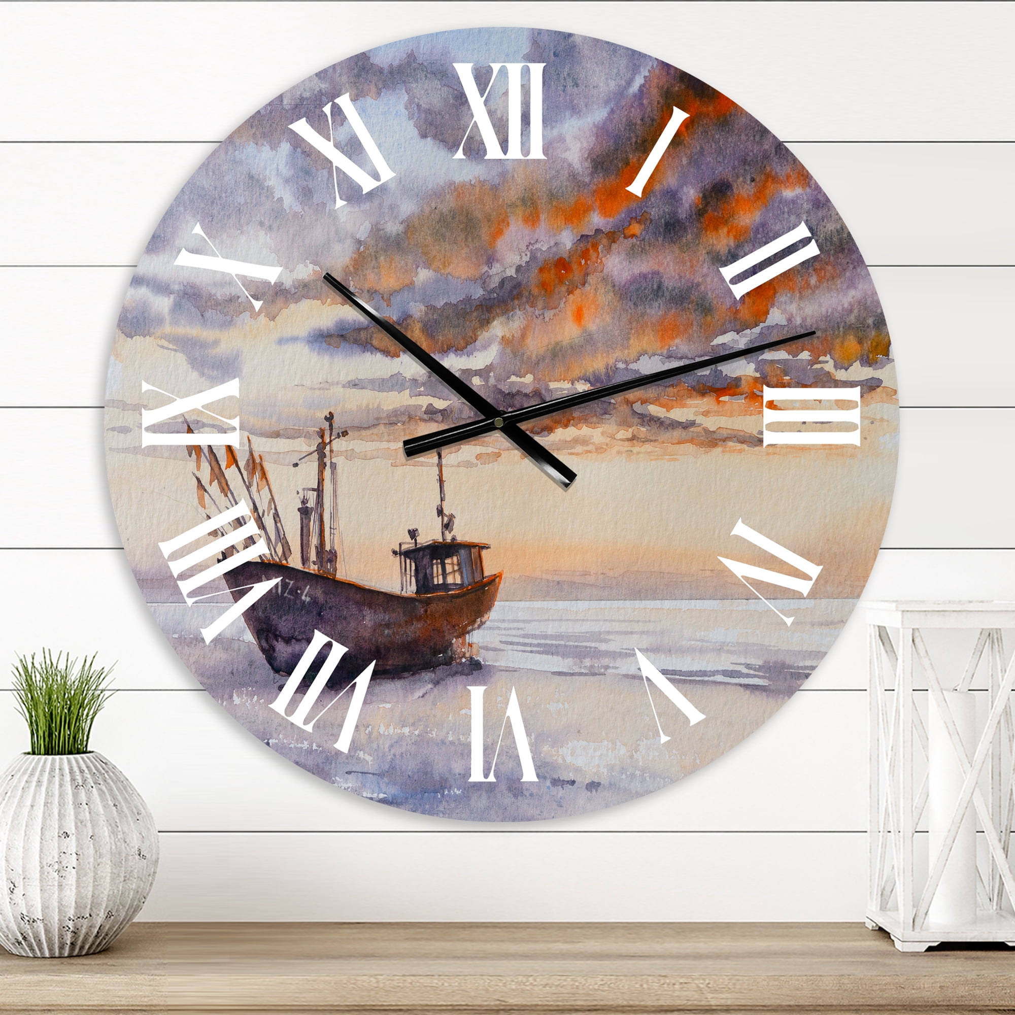 Designart 'Wooden Fishing Boat On The Baltic Shore' Nautical & Coastal Wall Clock