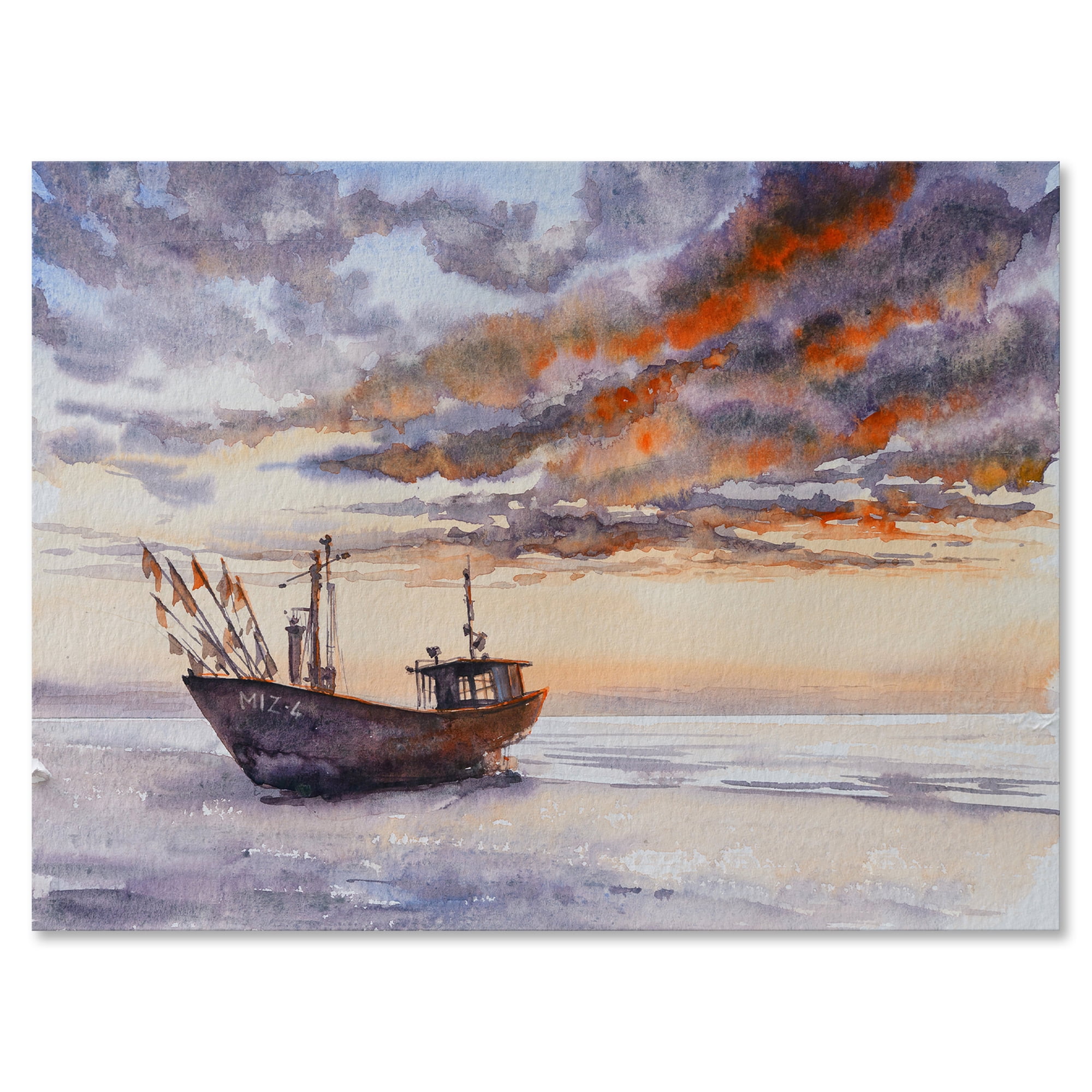 Designart ' Wooden Fishing Boat On The Baltic Shore With Evening Clouds ' Nautical & Coastal Canvas Wall Art Print