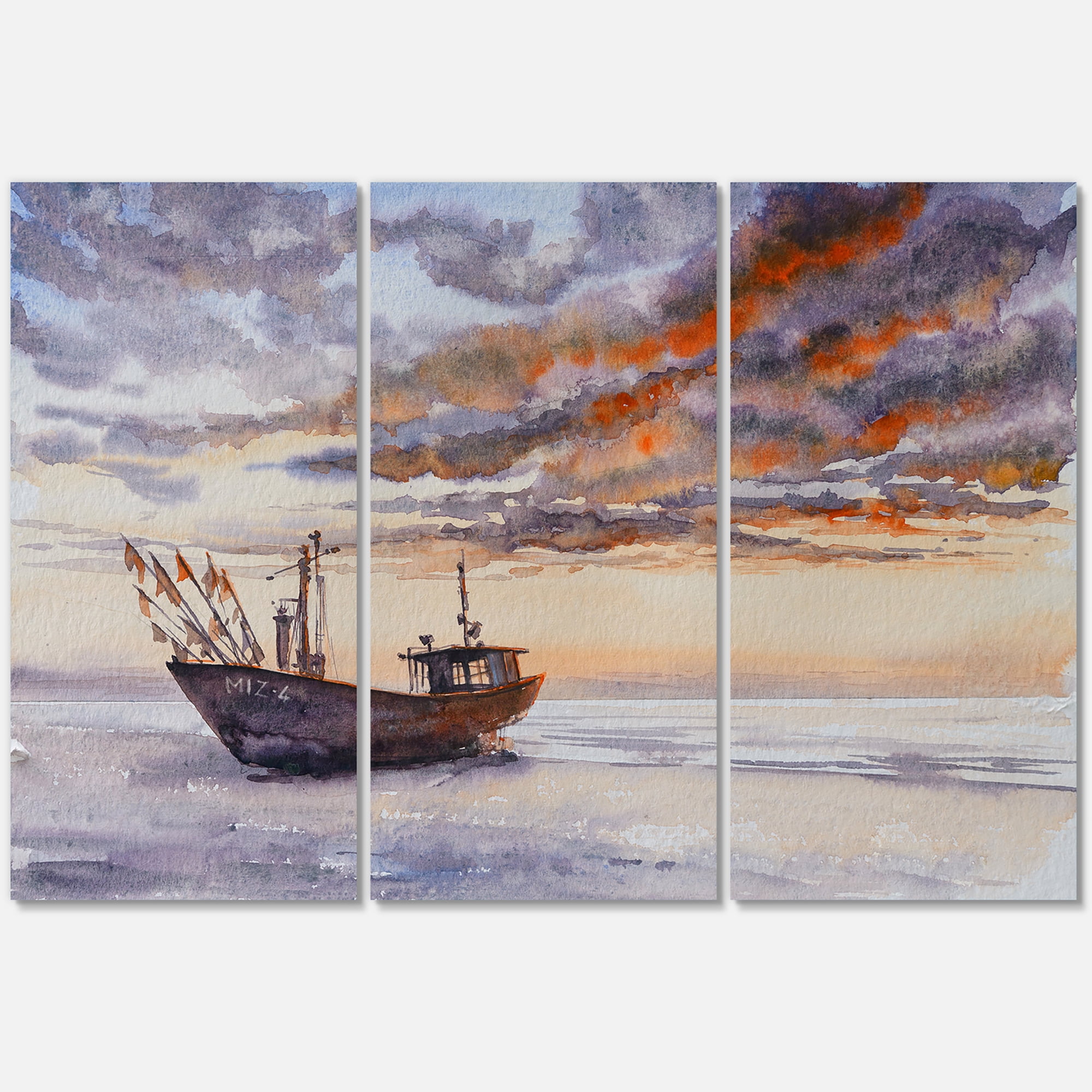 Designart ' Wooden Fishing Boat On The Baltic Shore With Evening Clouds ' Nautical & Coastal Canvas Wall Art Print